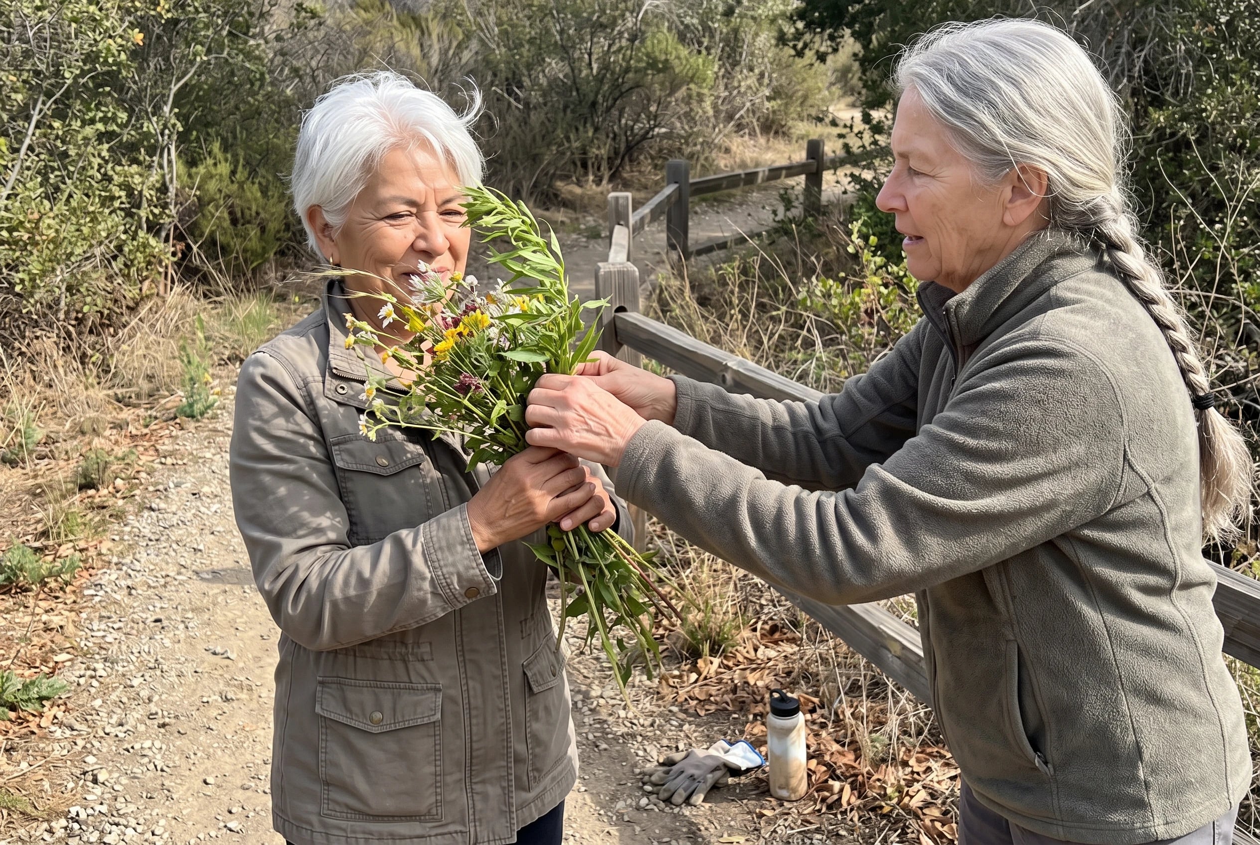 A woman carries flowers along the trail where she used to walk her dog.