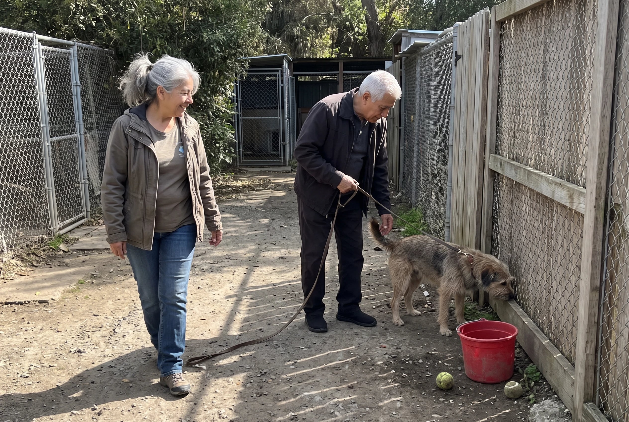 An older woman walks a shelter dog along a fenced path.