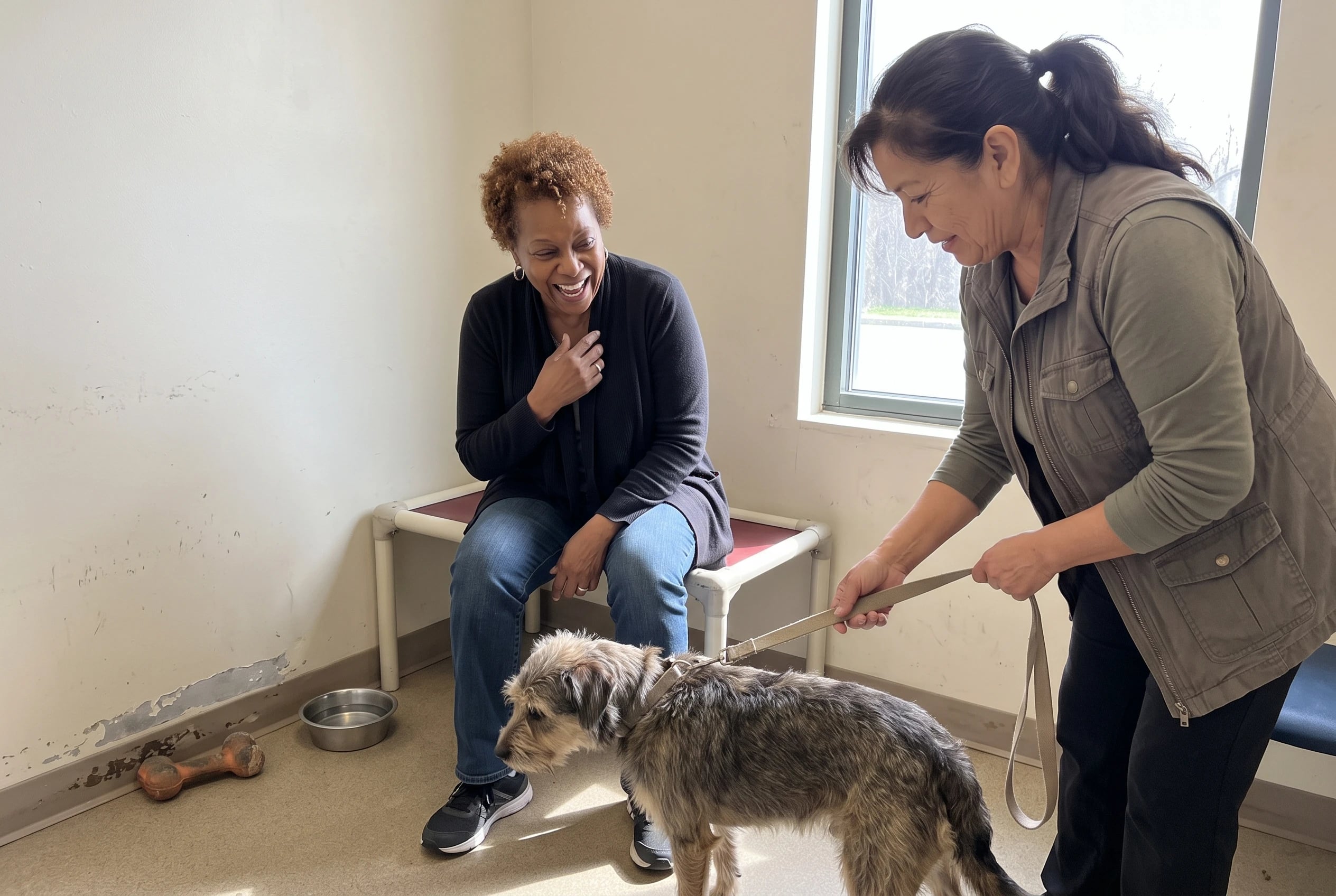 A woman meets a dog in an adoption-center visiting room.
