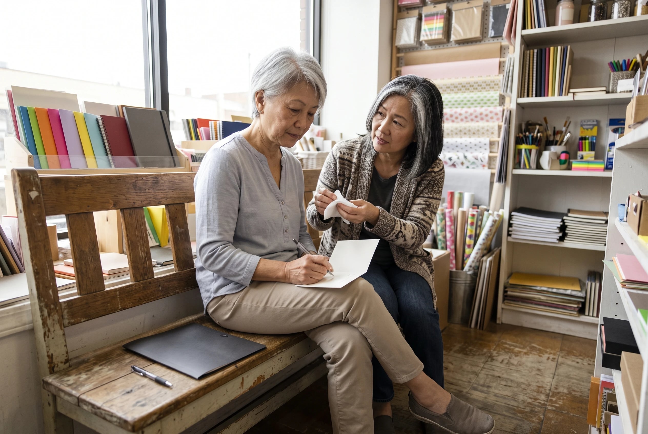A woman writes a pet sympathy card on a bench in a stationery shop.