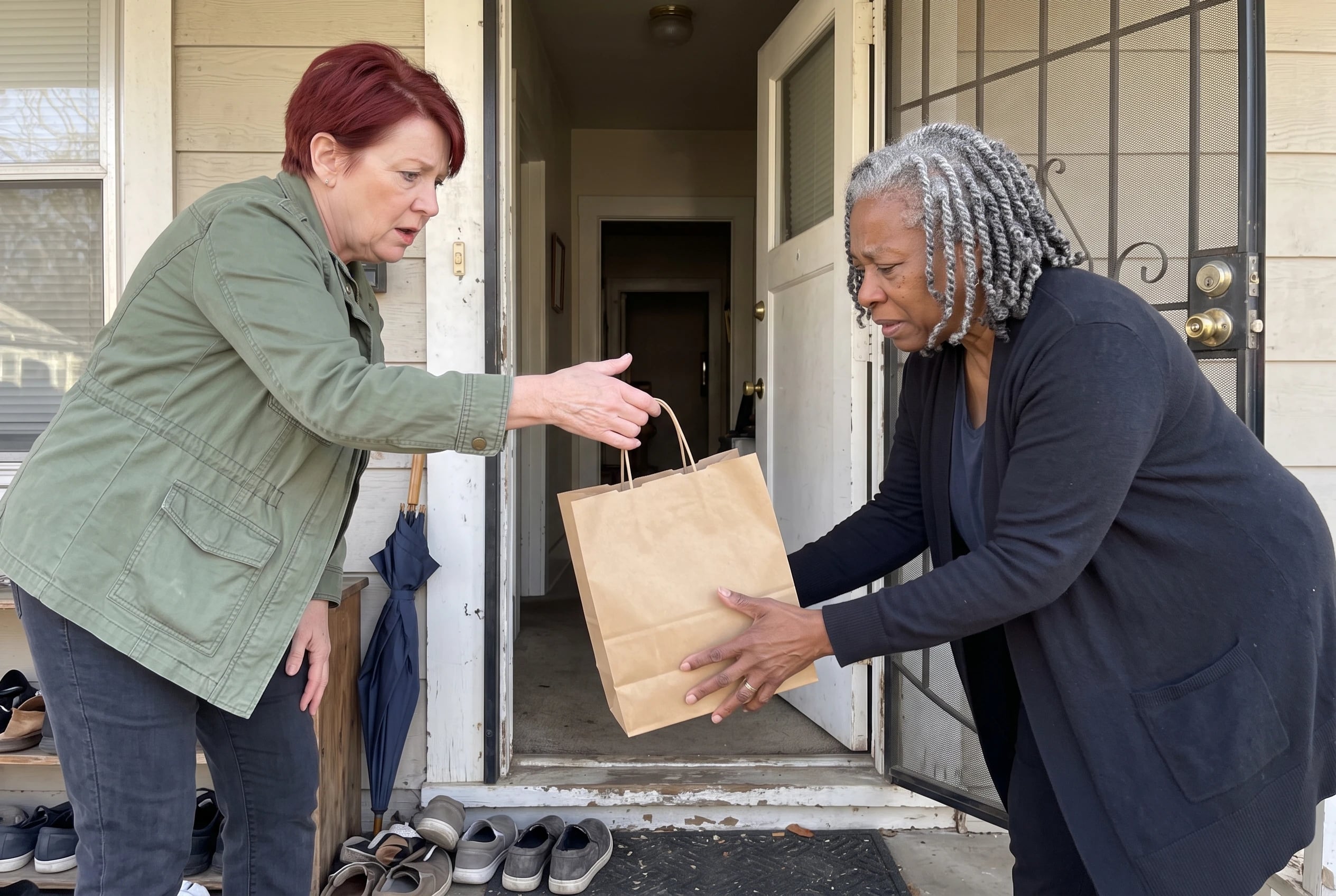 A woman hands her grieving friend a small bag of groceries at the friend’s doorstep.