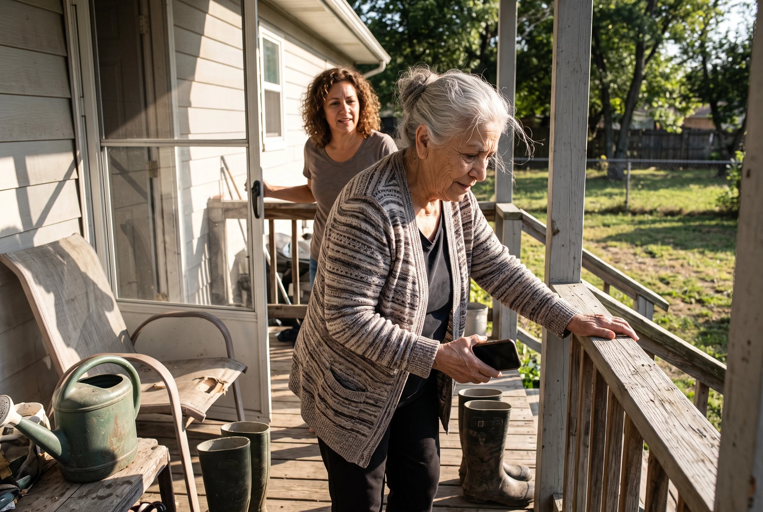 An older woman ends a phone call while standing on her back porch.
