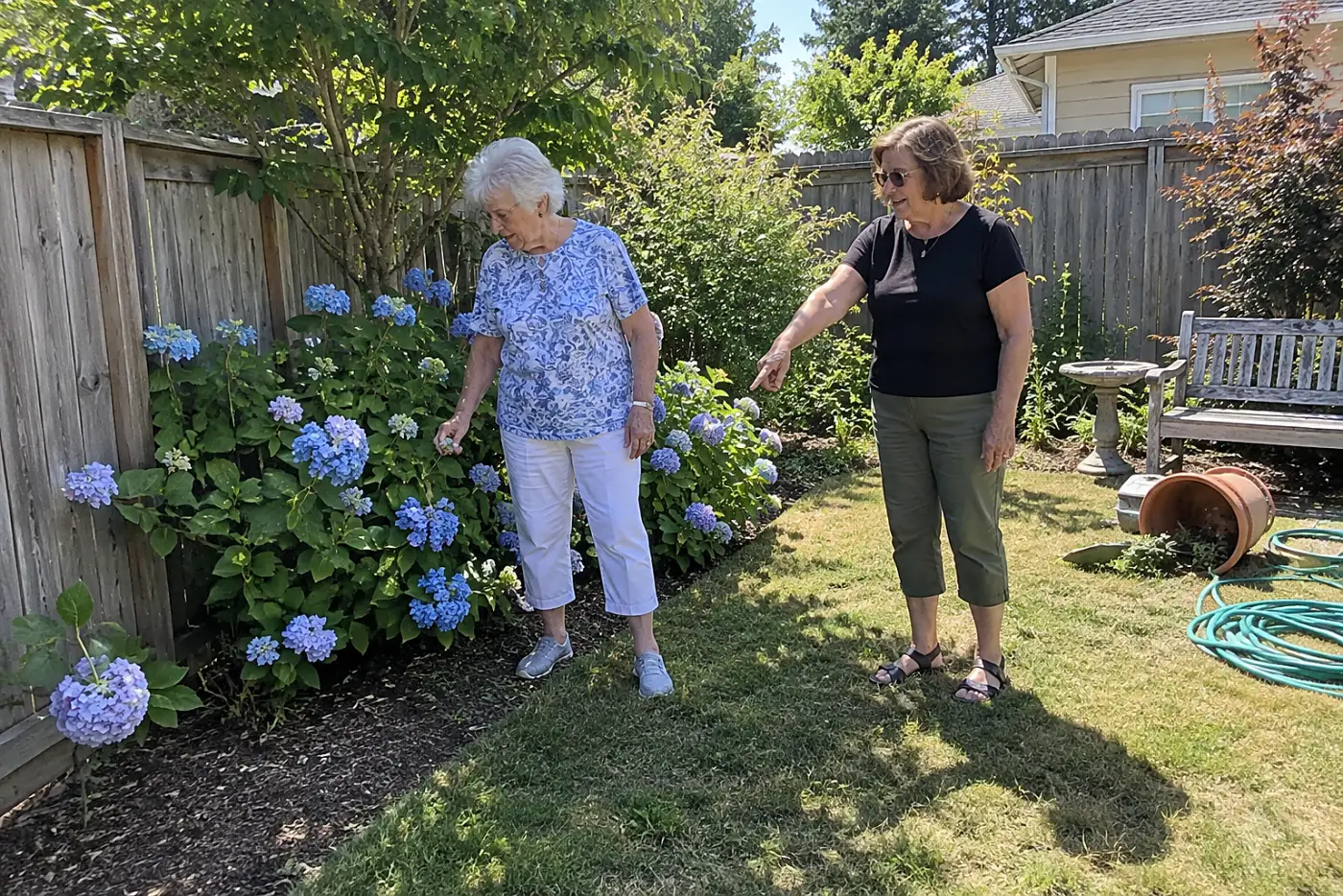 Woman checking the shade beside a hydrangea near a backyard fence.