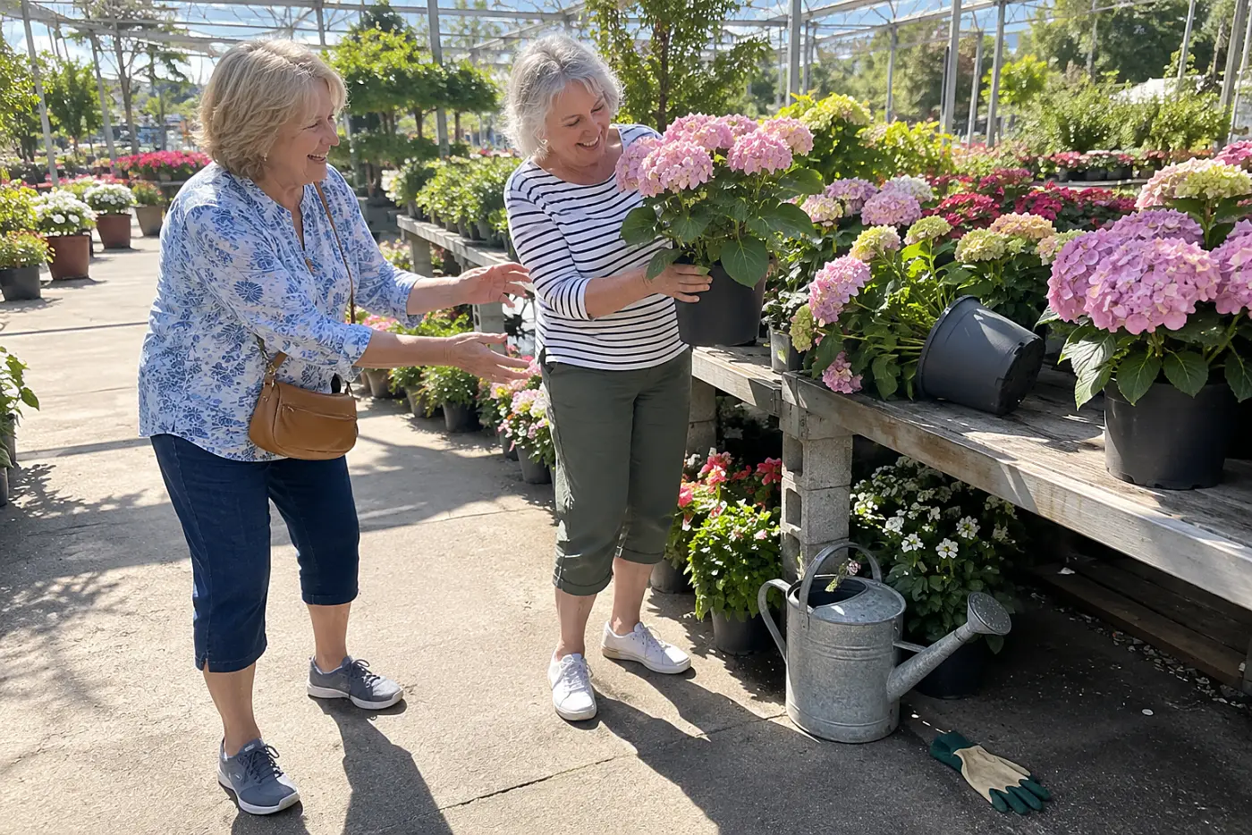 A woman in her 60s lifts a flowering hydrangea pot from a nursery display shelf.