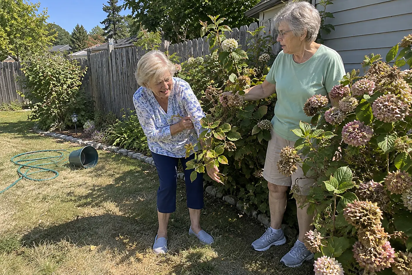 A woman in her 70s examines a ragged hydrangea branch beside a backyard fence.