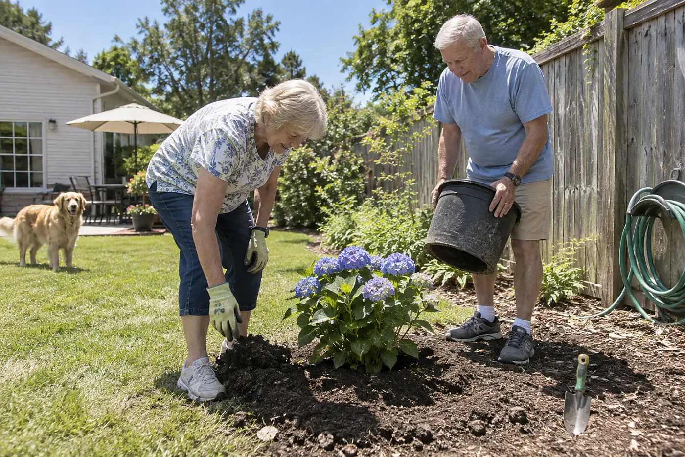 Woman checking soil around a newly planted hydrangea in her backyard.