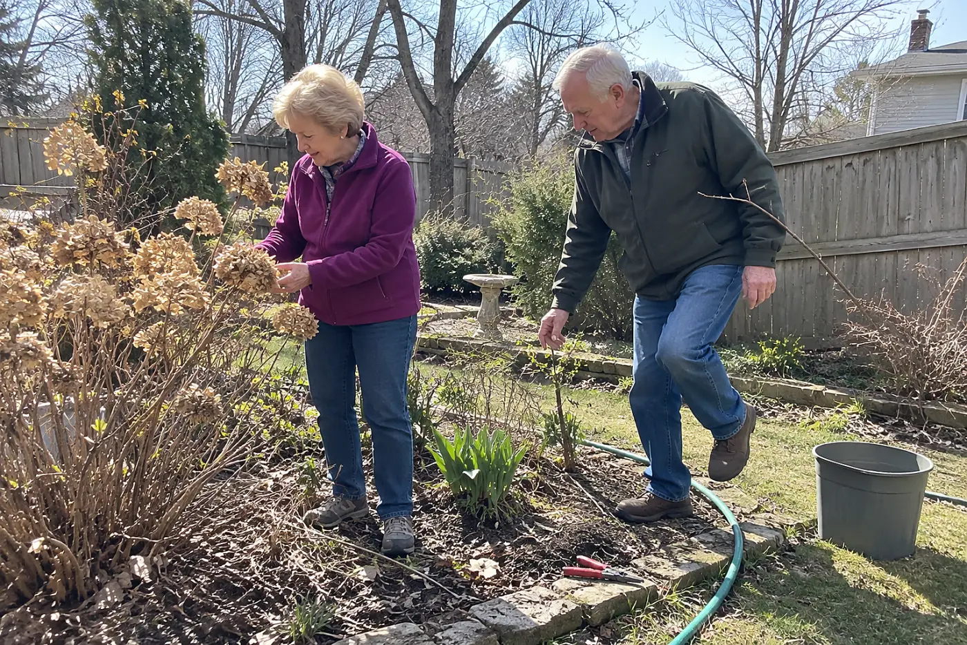 Woman checking hydrangea stems before pruning in her early spring garden.