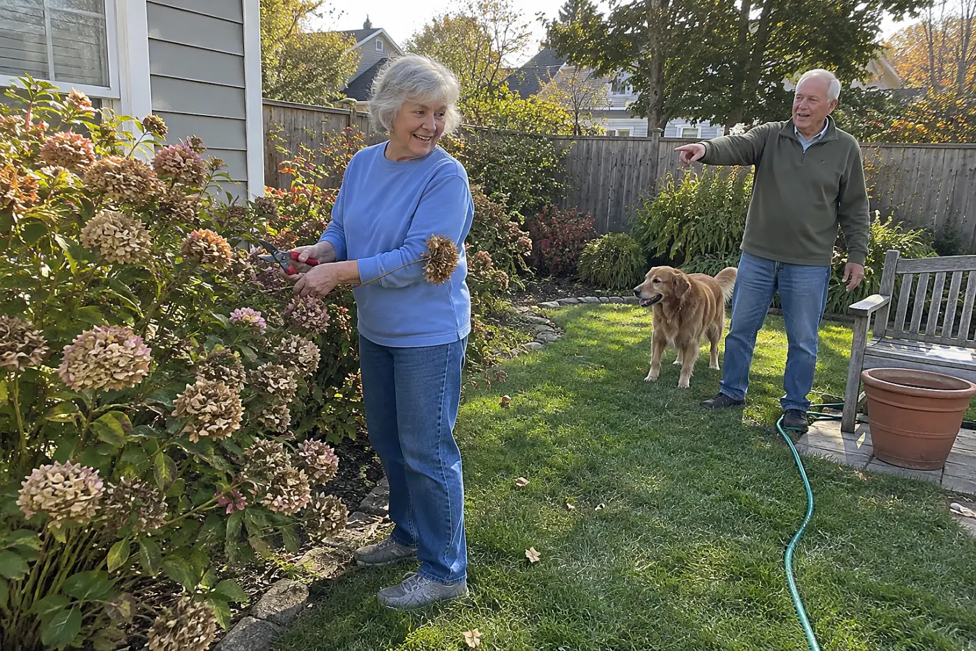 Woman holding pruners beside faded hydrangea flowers in her backyard.