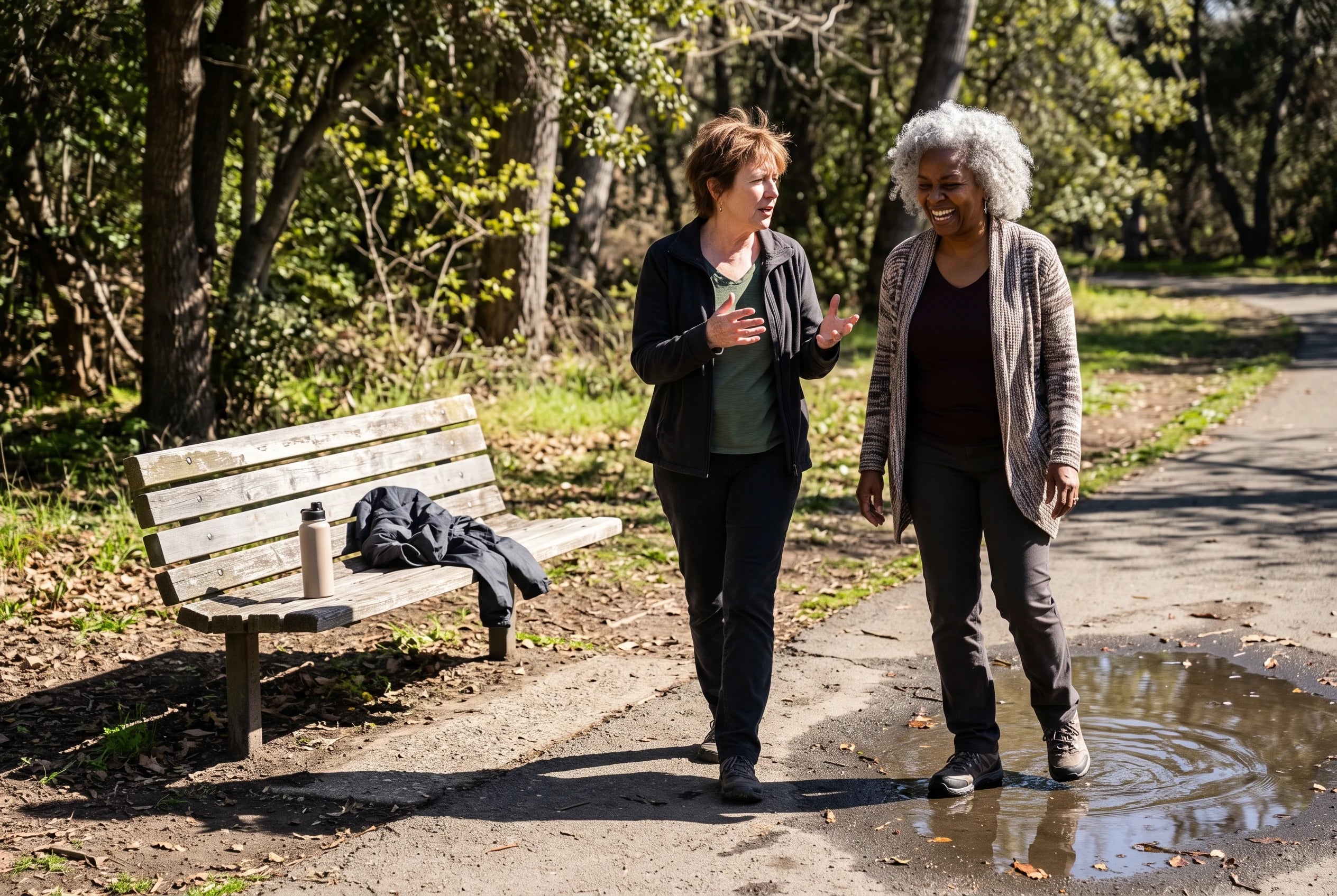 A woman asks a friend what kind of birthday she wants while walking through a park.