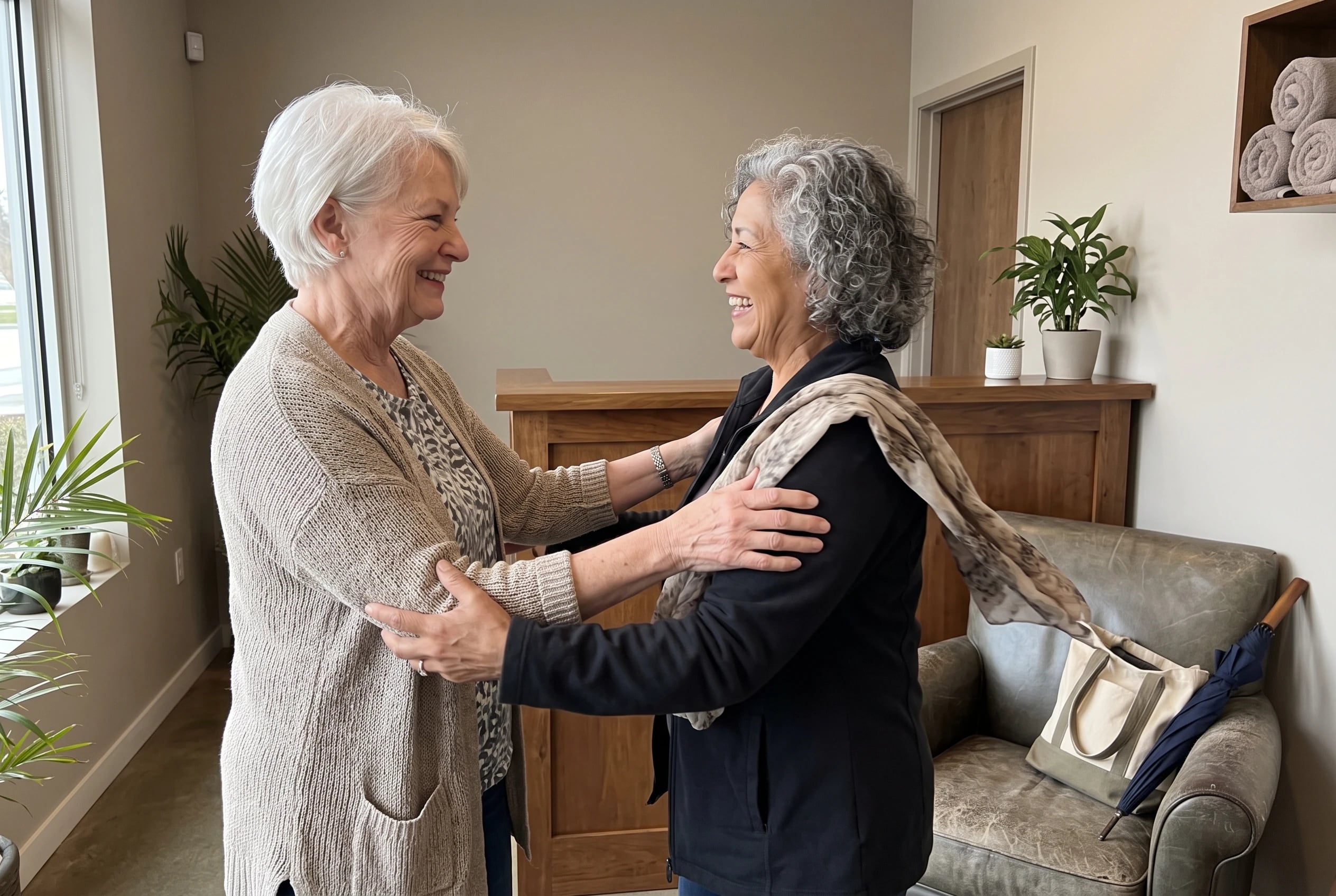 A woman in a spa reception area greets a friend arriving for their appointment.