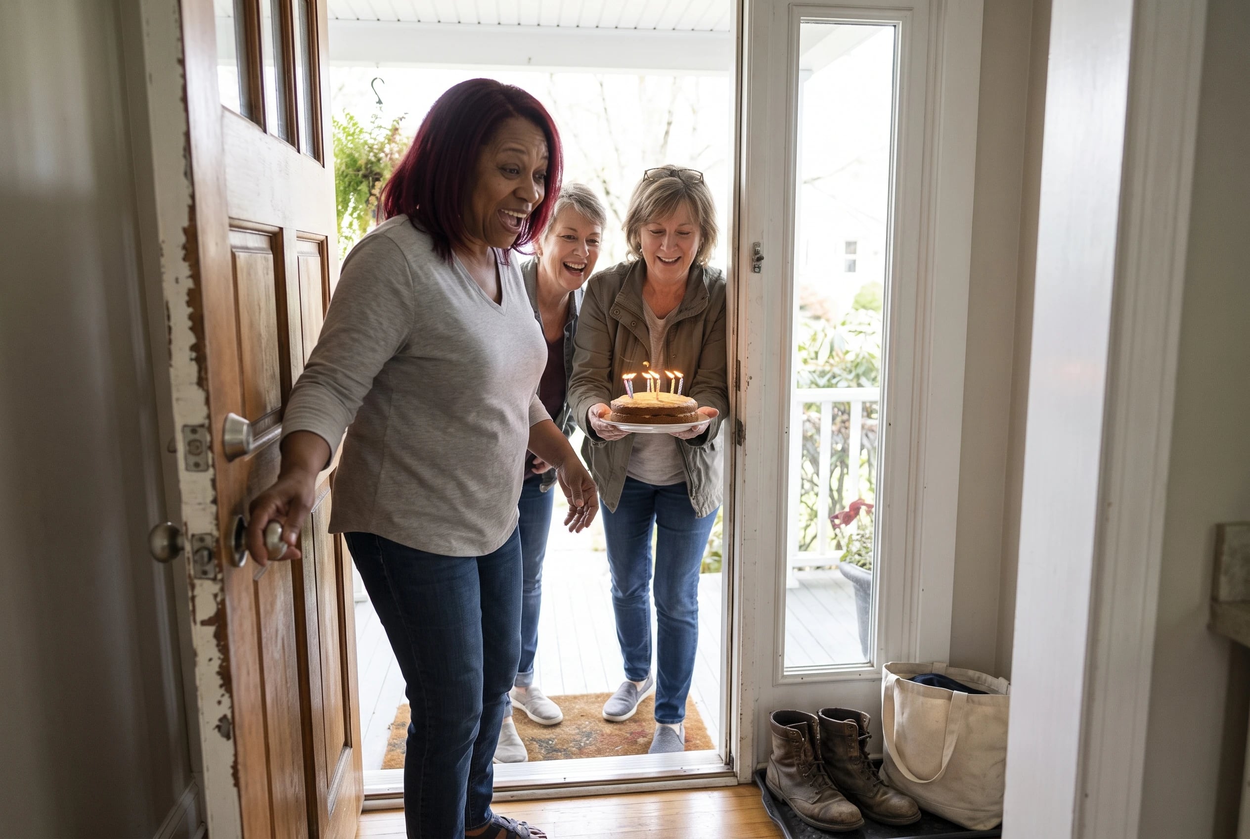 A woman opens her front door to friends gathered for her birthday.
