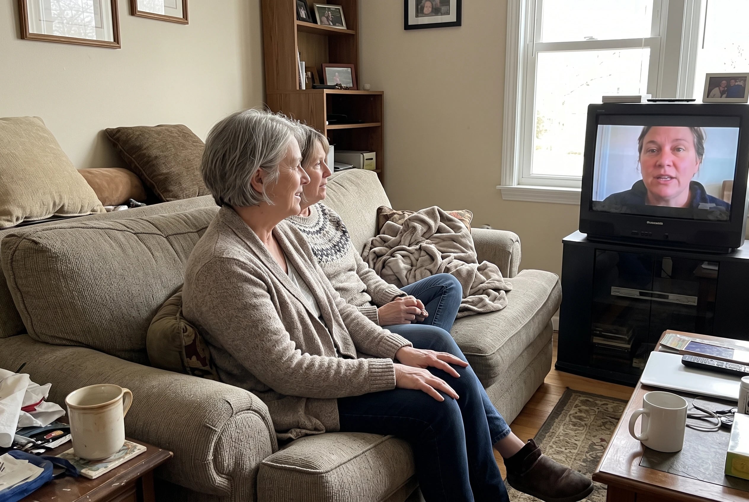 A woman plays a friend’s video tribute on her television in her den.