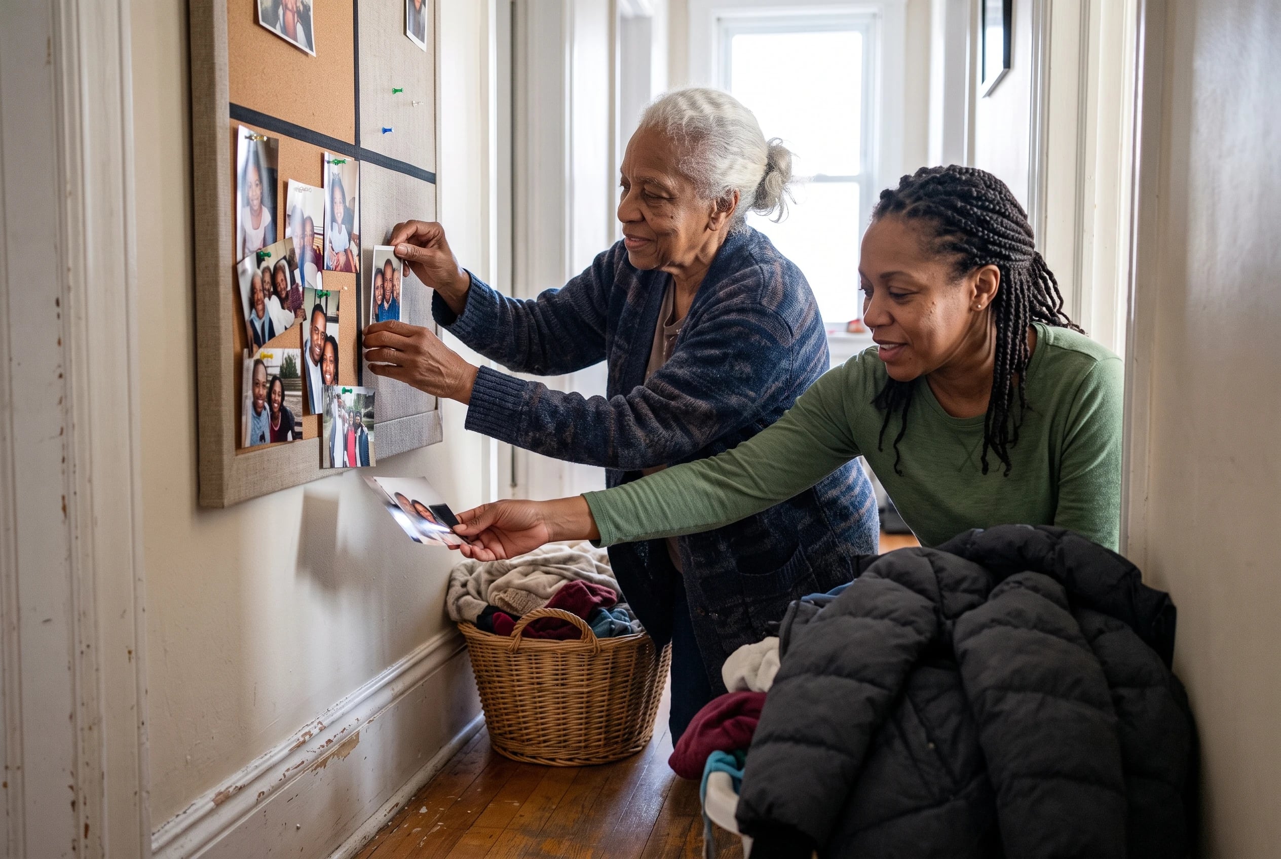 A woman pins family photographs to a display board in her hallway.