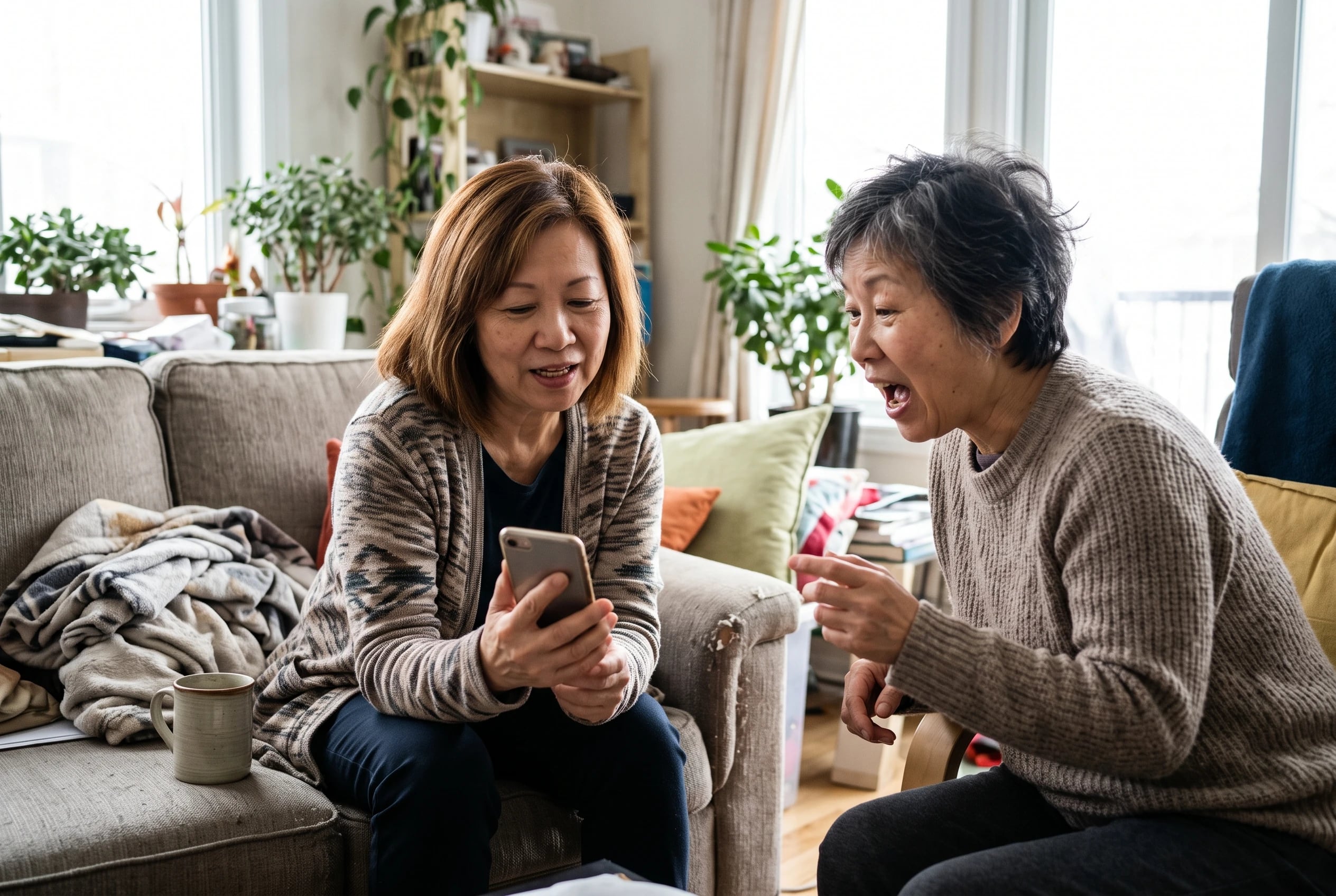 A woman reads a trivia question from her phone in her living room.