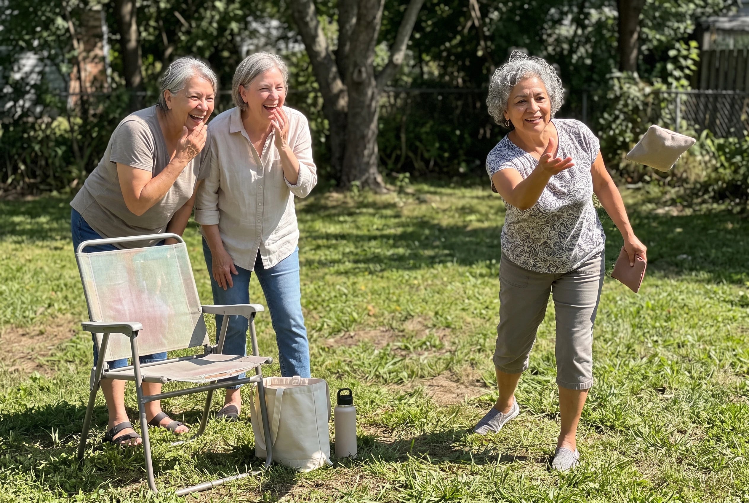 A woman tosses a cornhole bag across a lawn while friends watch.