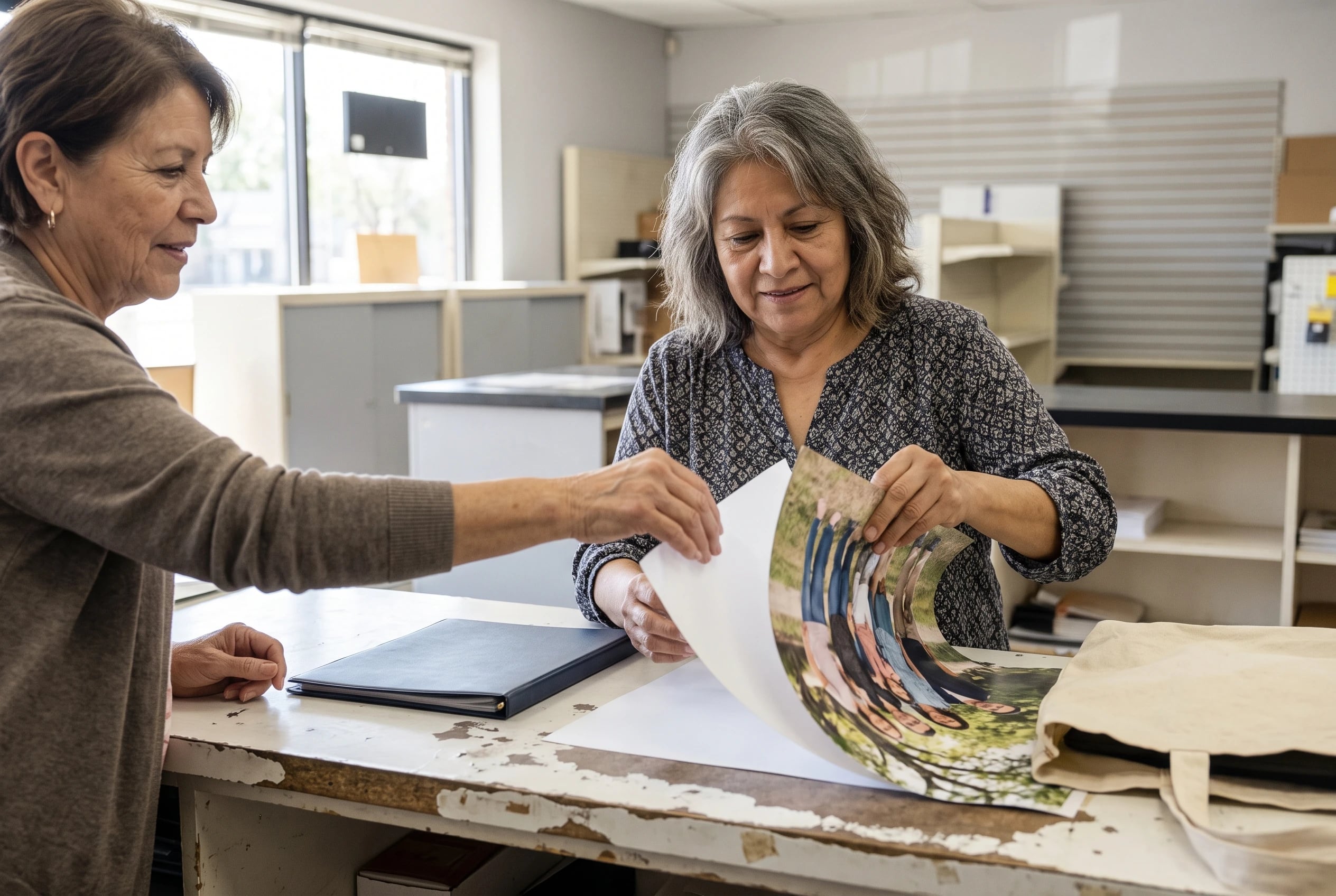 A woman lifts a newly printed family photo poster at a store pickup counter.