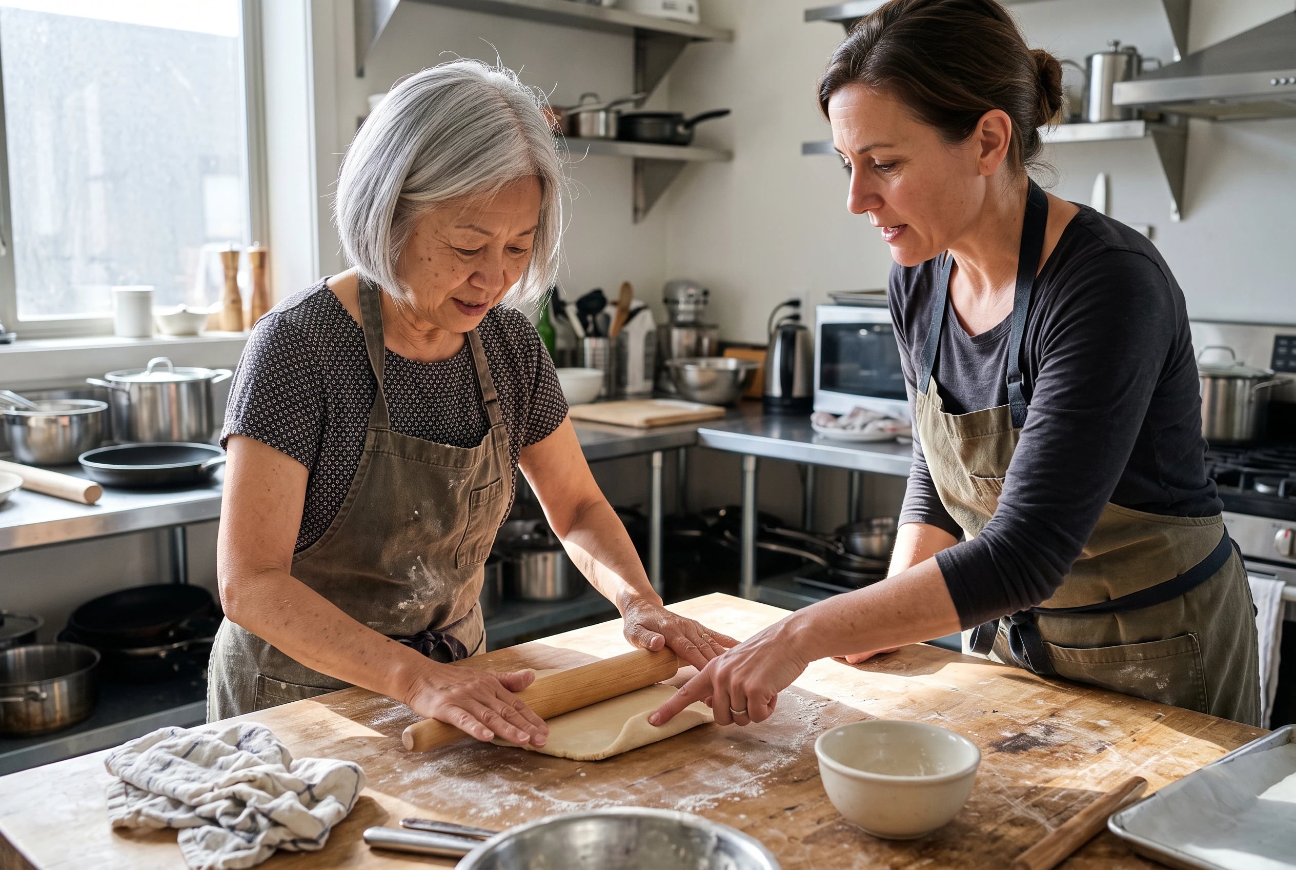 A woman rolls dough beside an instructor in a cooking classroom.