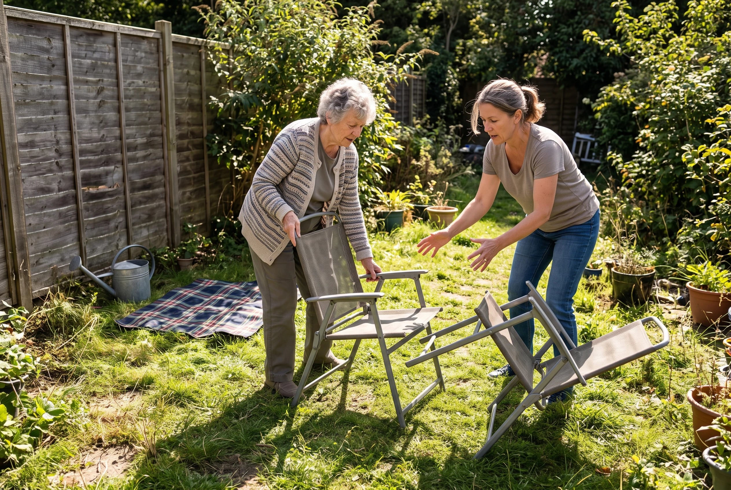 A grandmother arranges chairs for her family in a backyard garden.