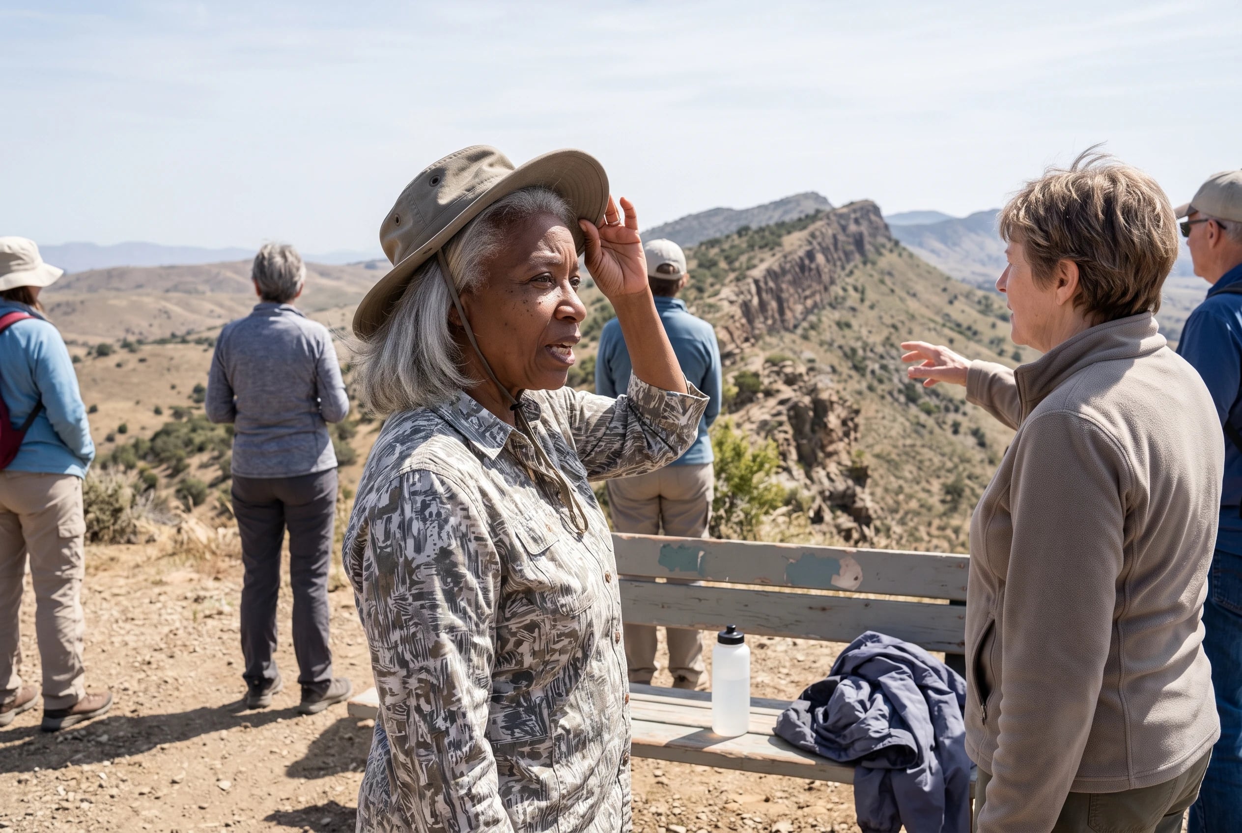 A woman looks out across a landscape during a guided group trip.