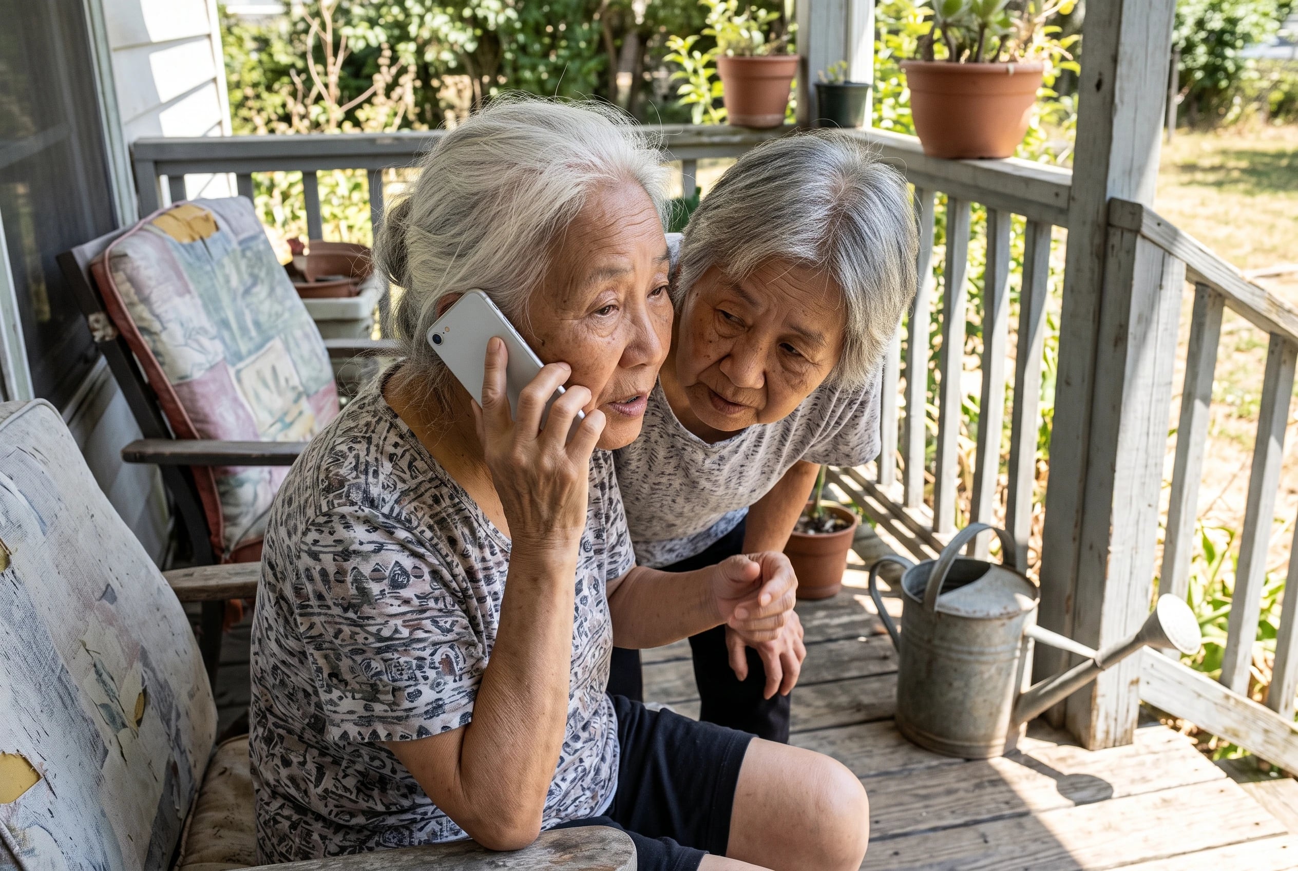 A woman chooses a charity on her phone while sitting on her porch.