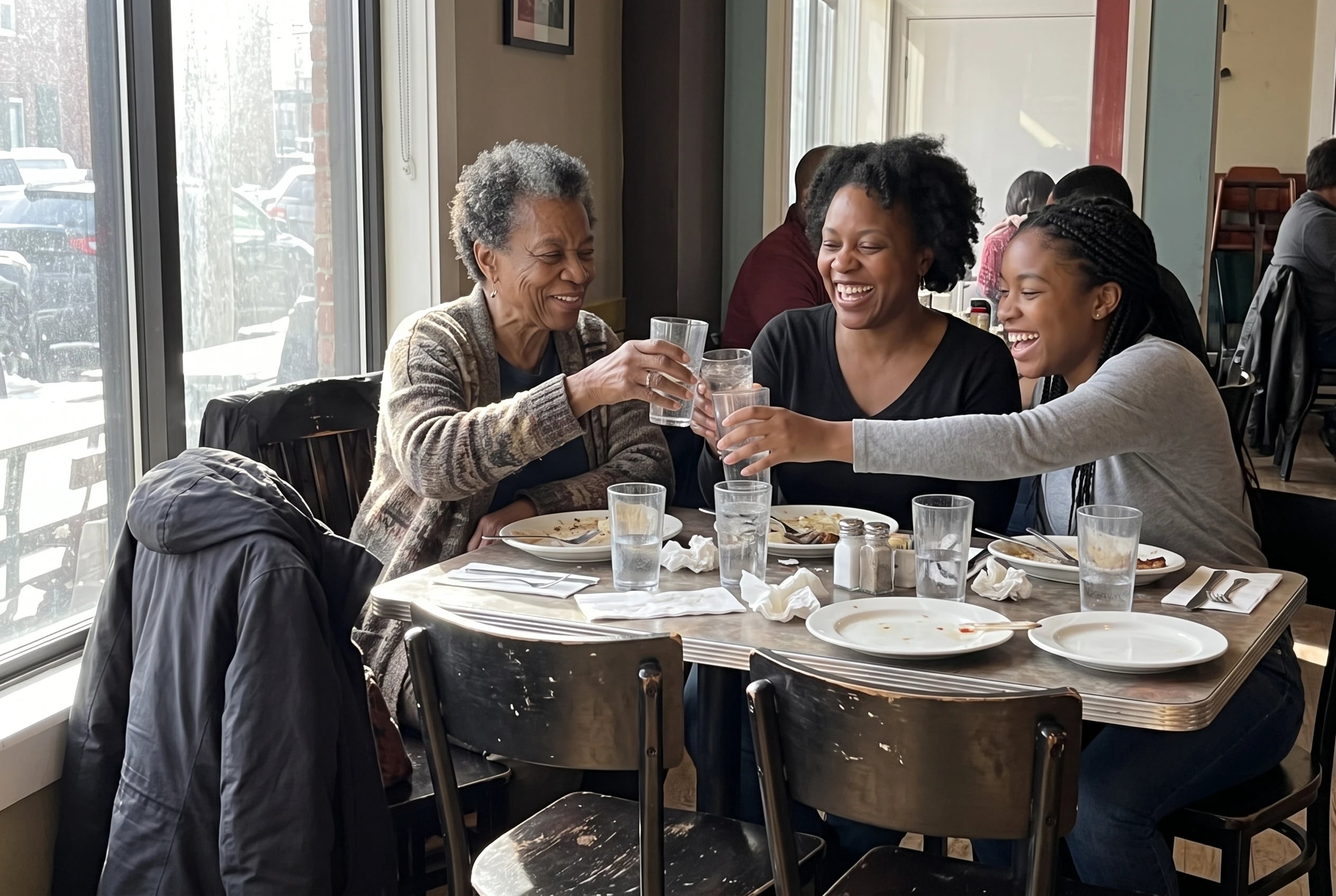 A woman raises a glass with her family at a restaurant.