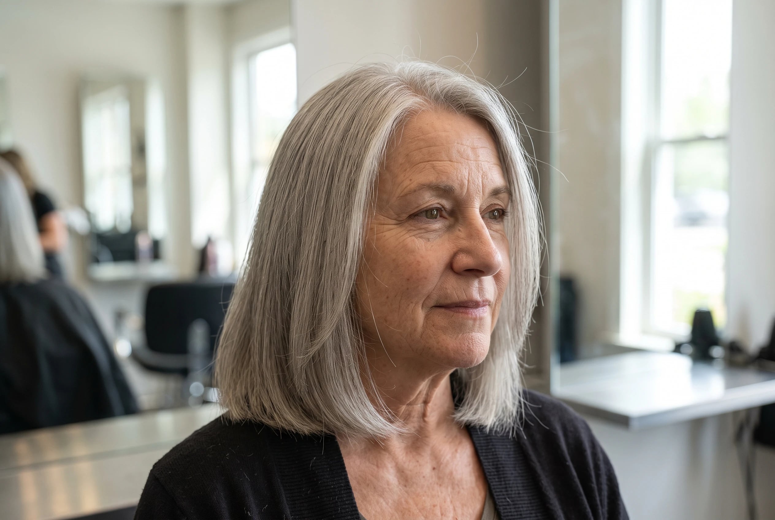 A full-ended cut with hidden layers moves as a woman in her sixties turns her head in a salon mirror, with its solid bottom edge plainly visible.