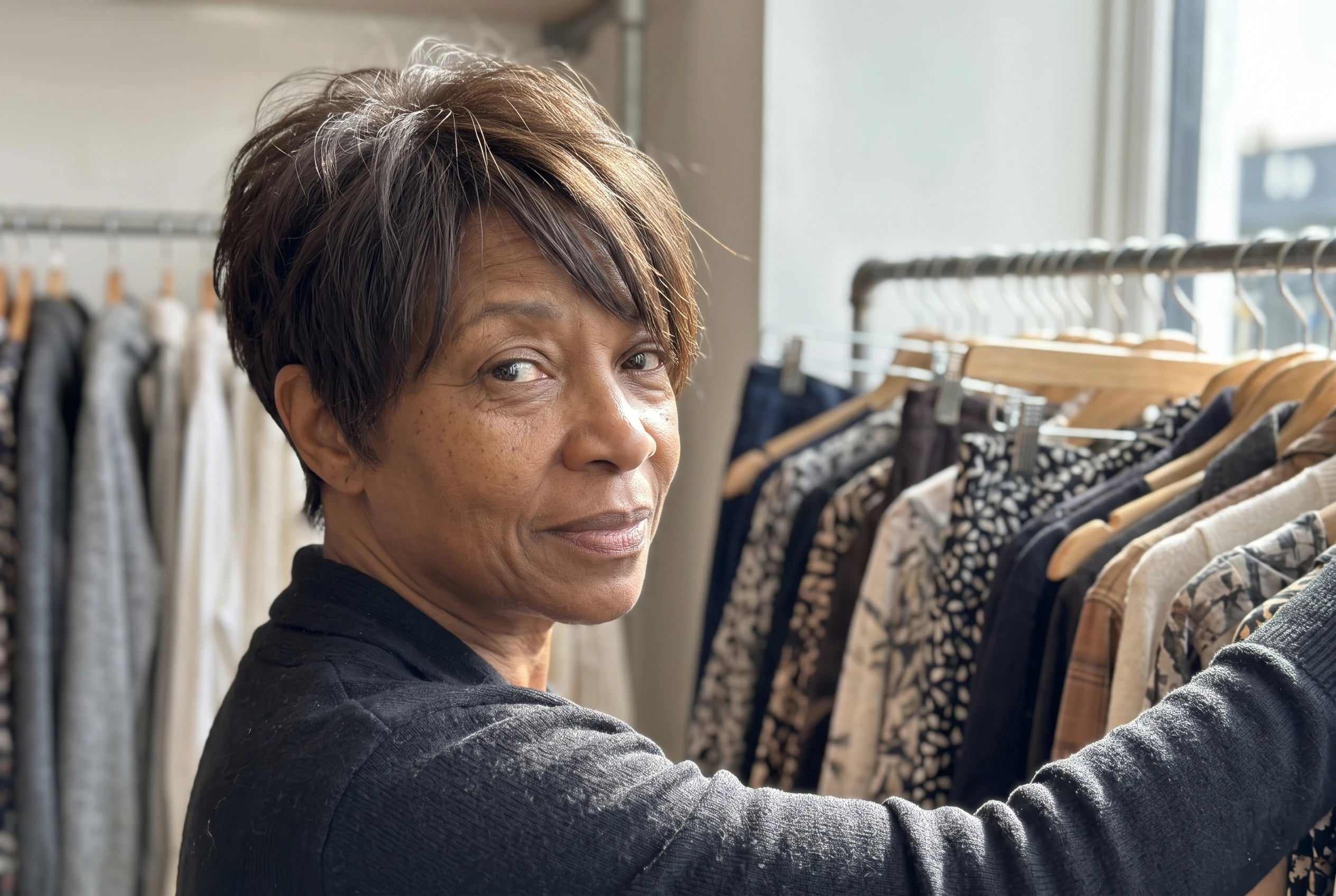 A cropped cut with longer bangs falls across one eyebrow of a woman in her sixties browsing a clothing shop.