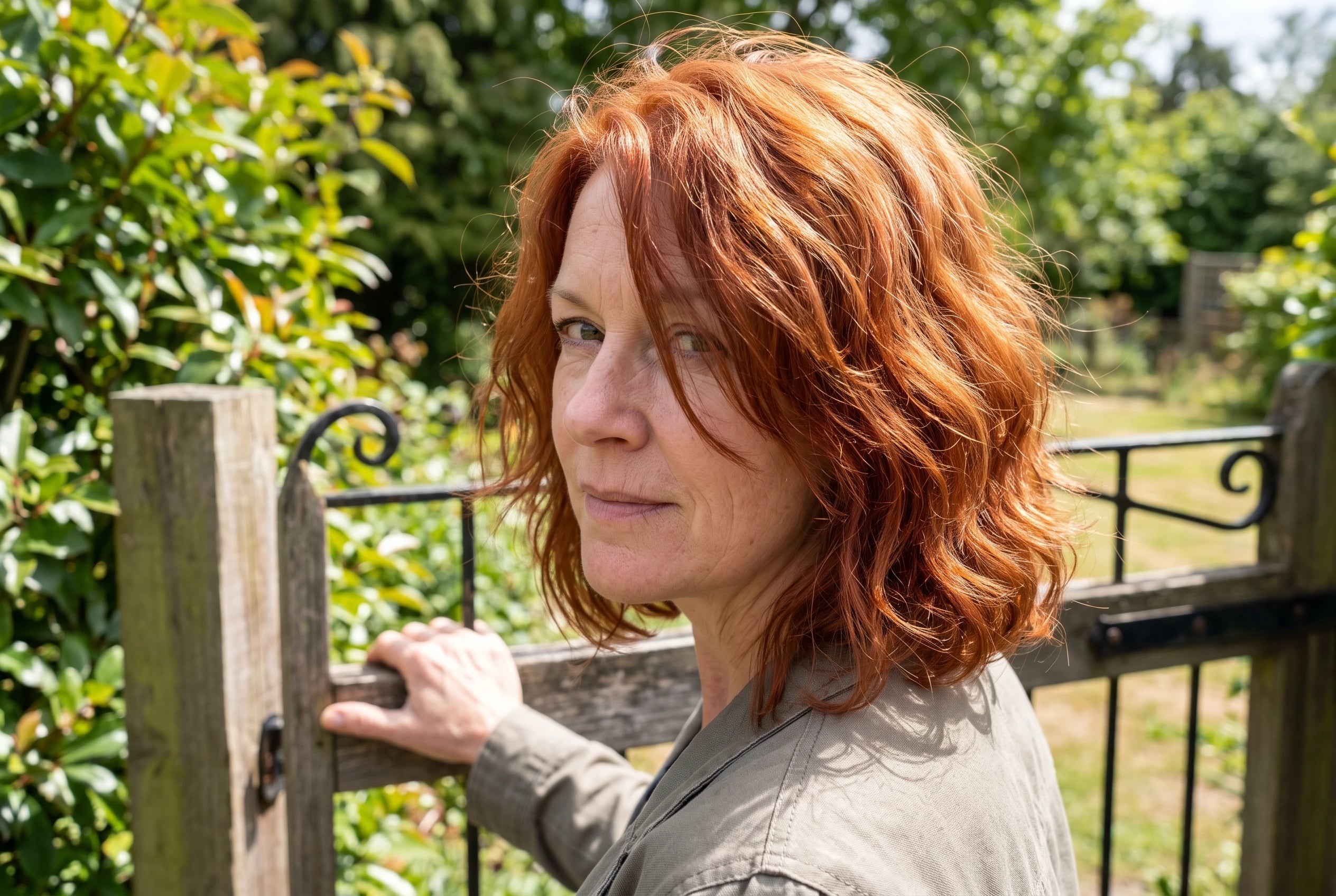 A wavy cut just past the chin frames a woman in her fifties as she opens the gate to her garden.