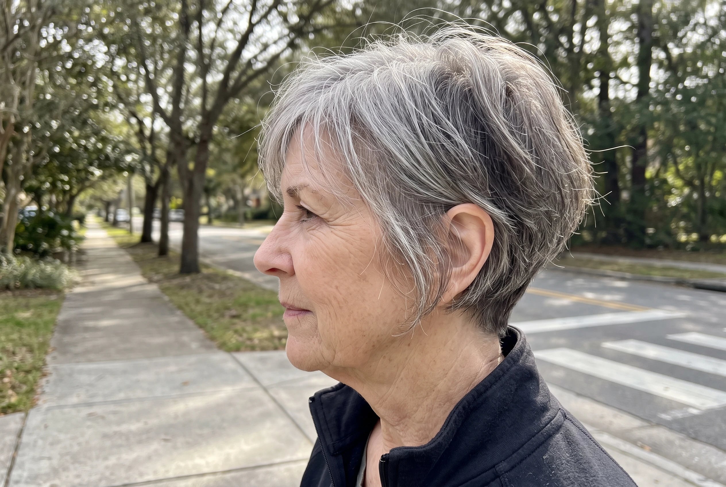 A short shag with silver edges surrounds the ears of a woman in her seventies walking along a tree-lined street.