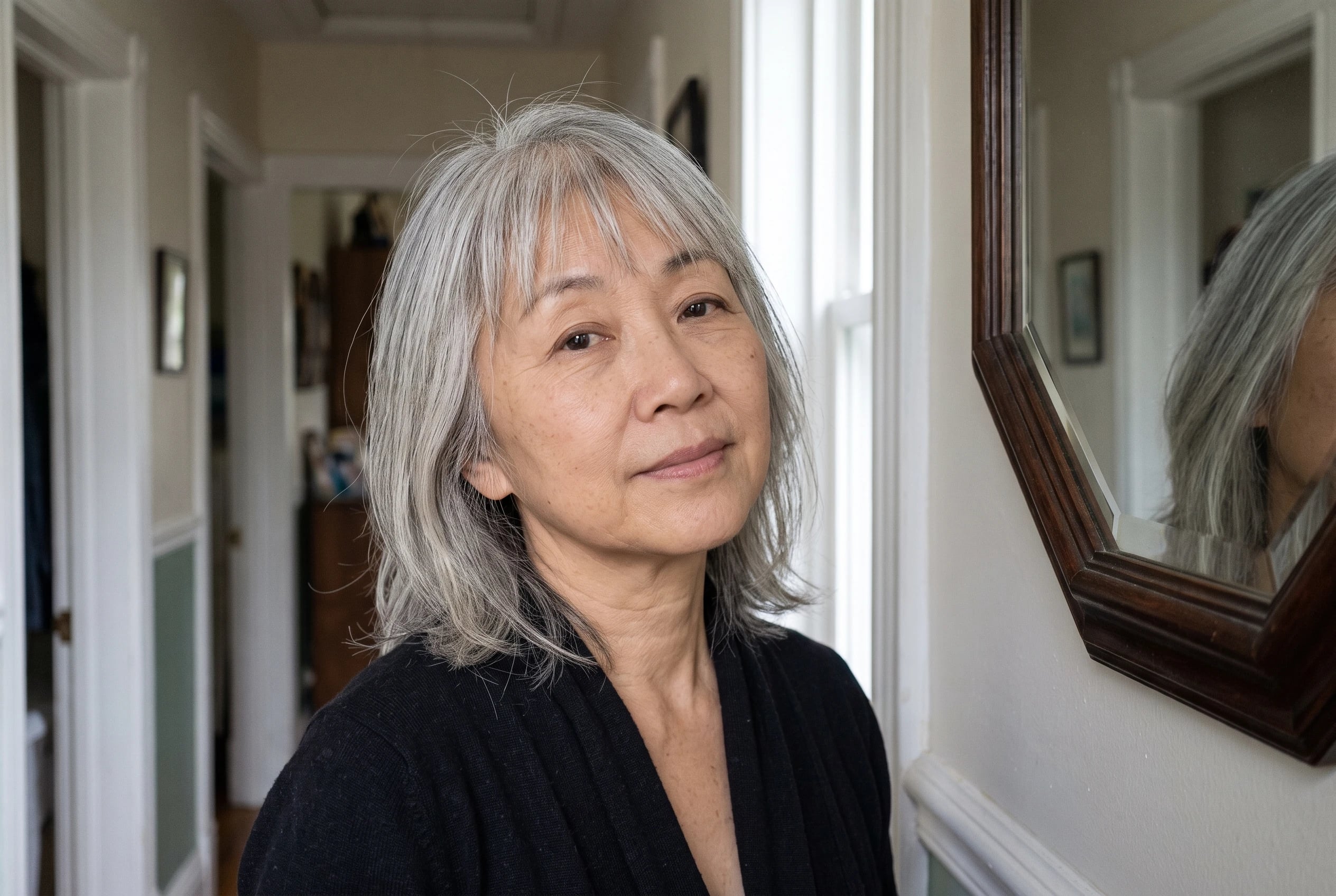 A wispy fringe with midlength layers frames a woman in her sixties as she checks her reflection in a hallway mirror.