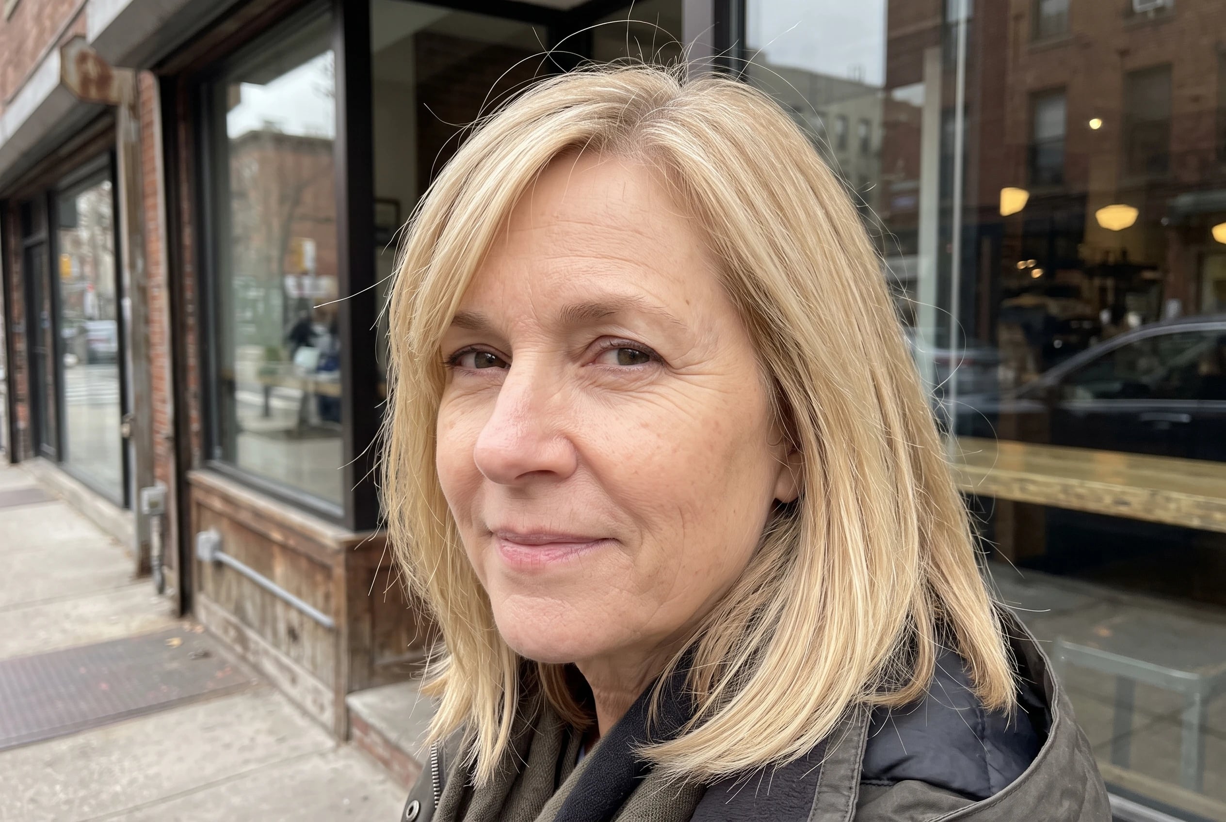 A side-parted lob with hidden layers moves across the forehead of a woman in her fifties outside a neighborhood café.