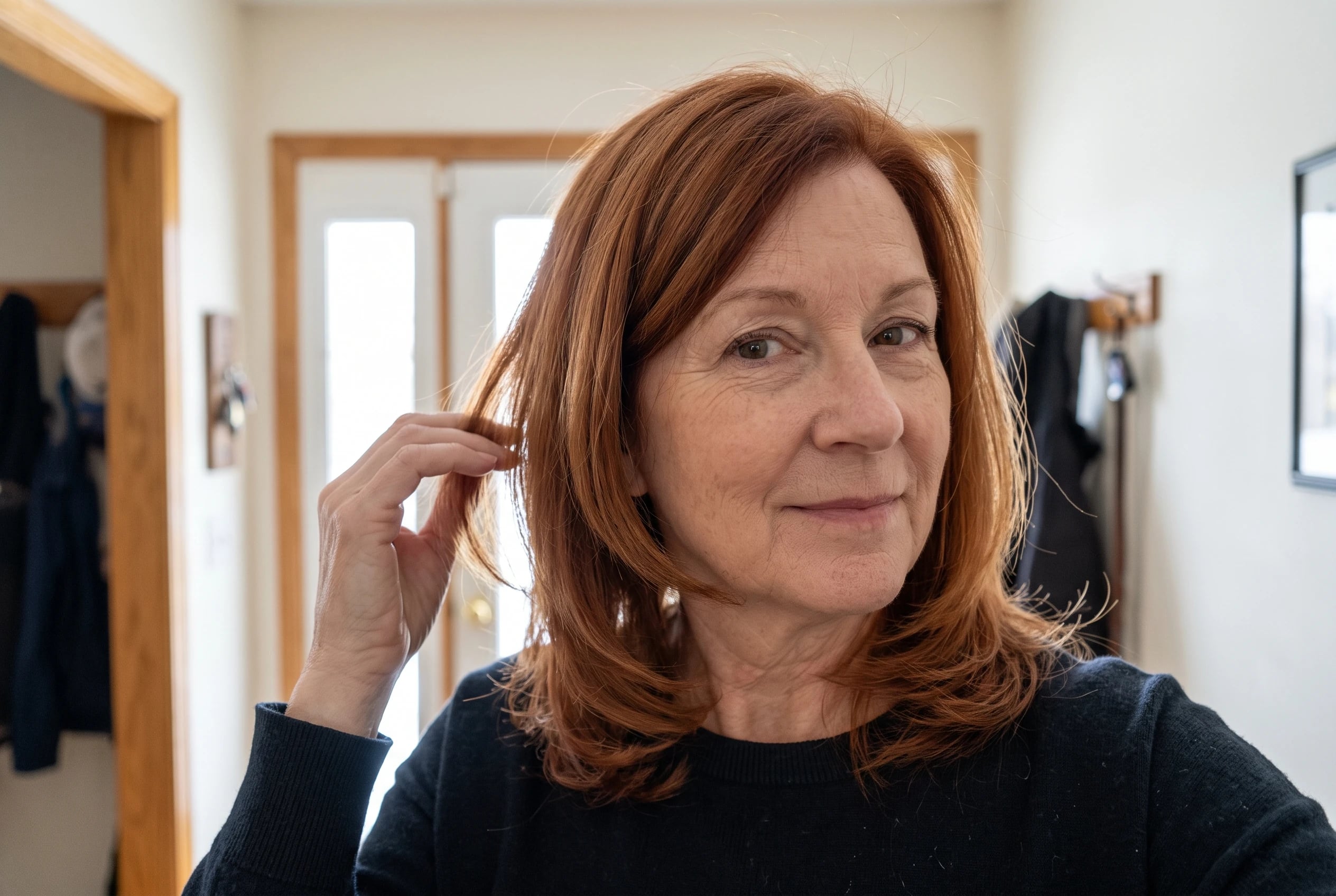 A shoulder-length cut with bent ends sits against a coat collar as a woman in her sixties steps through her front door.