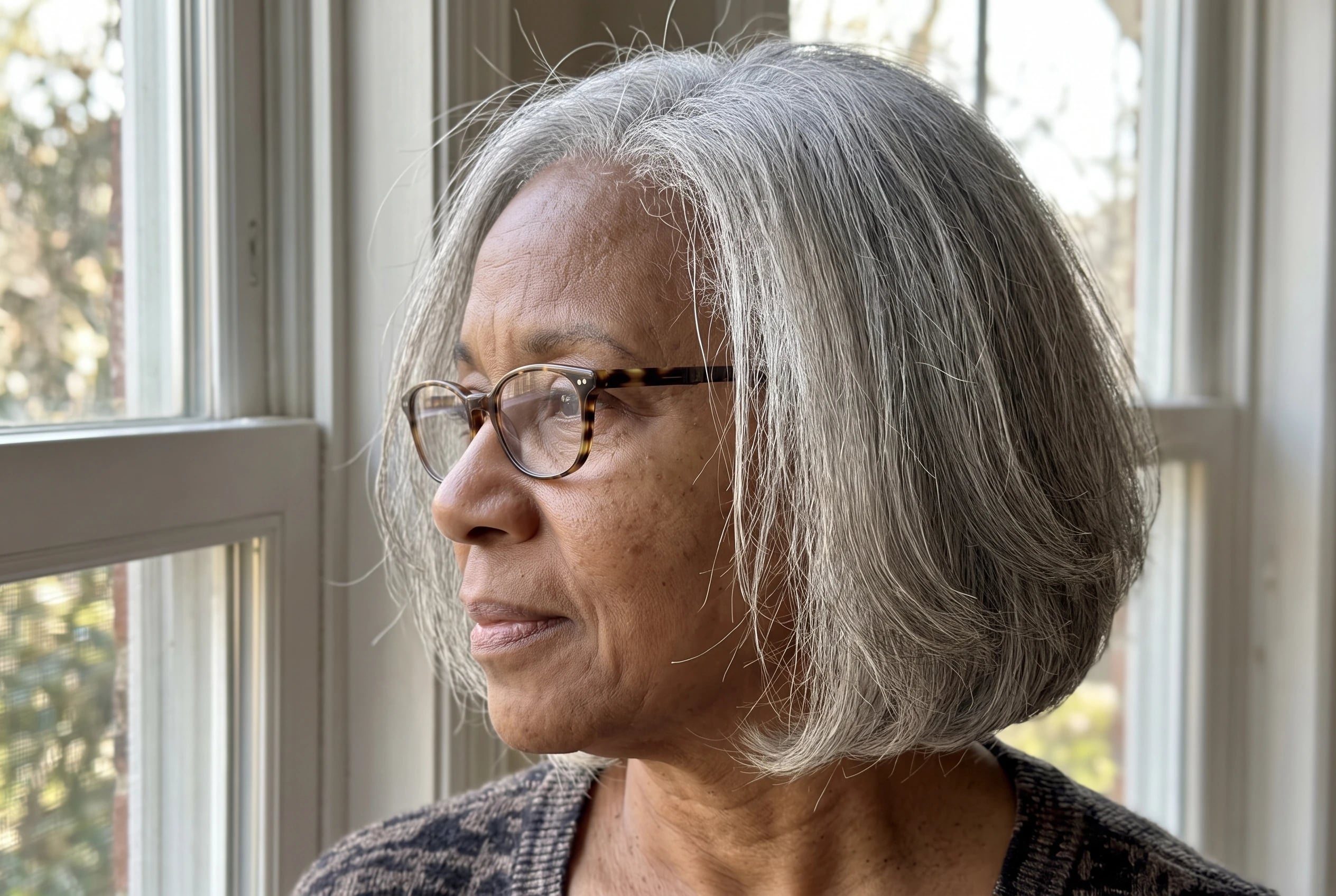 A jaw-length gray bob fills the frame on a woman in her sixties seen from the side beside a living-room window.