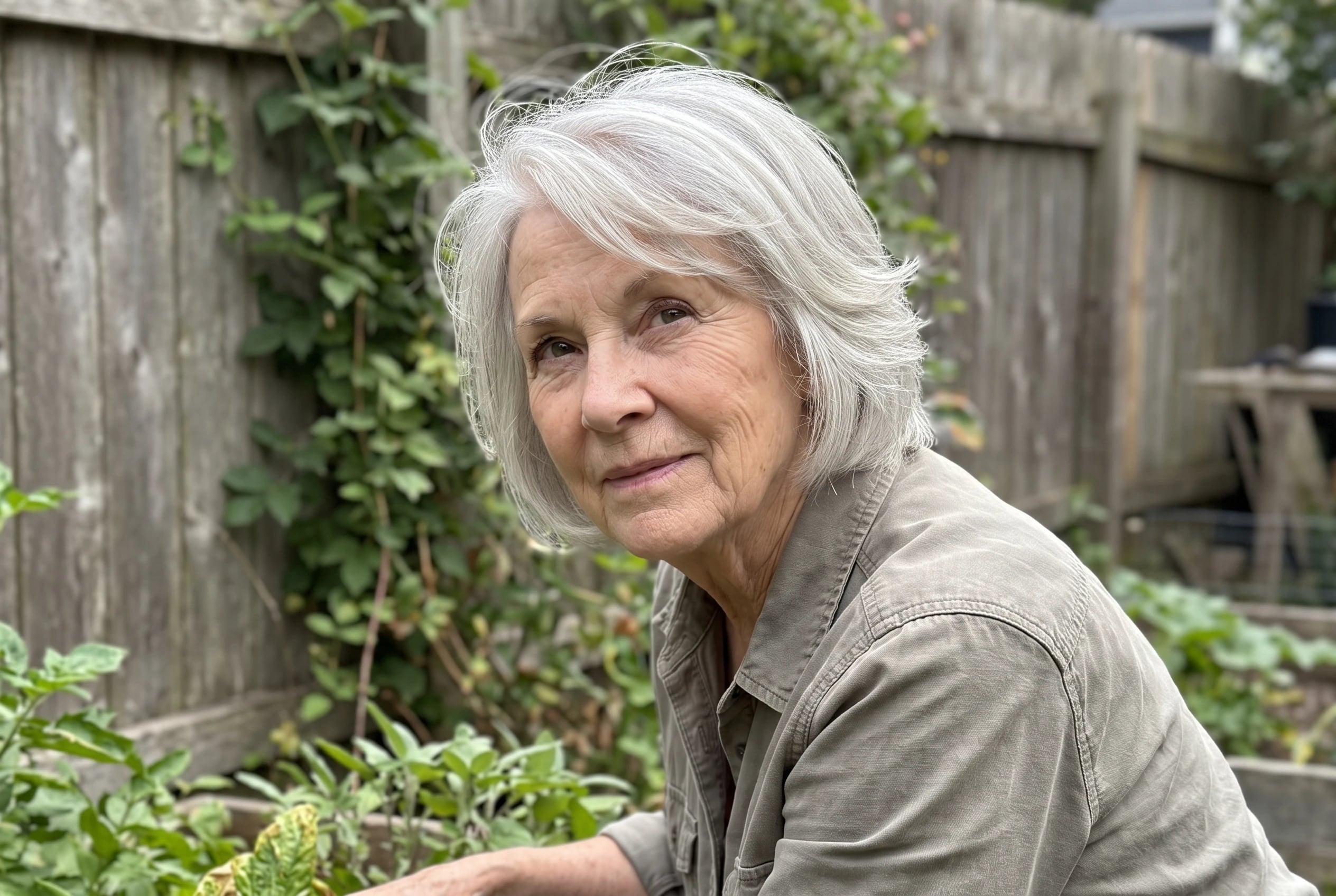 A feathered cut around the face turns back from the cheekbones of a woman in her seventies in her garden.