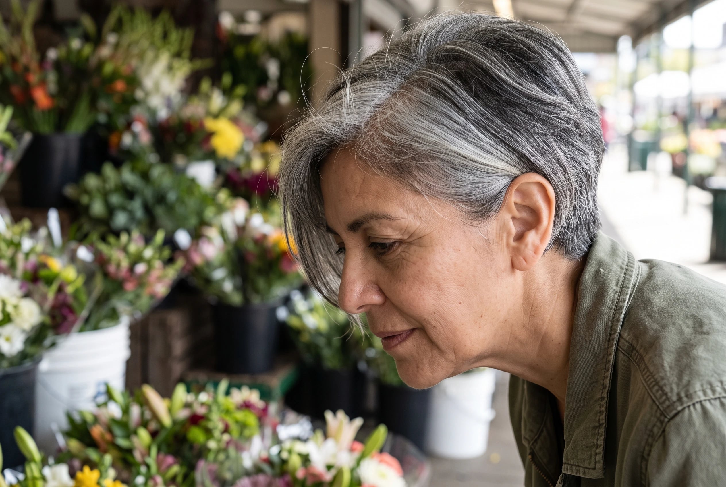 A long pixie with side volume rises above one temple as a woman in her fifties browses a flower stall.