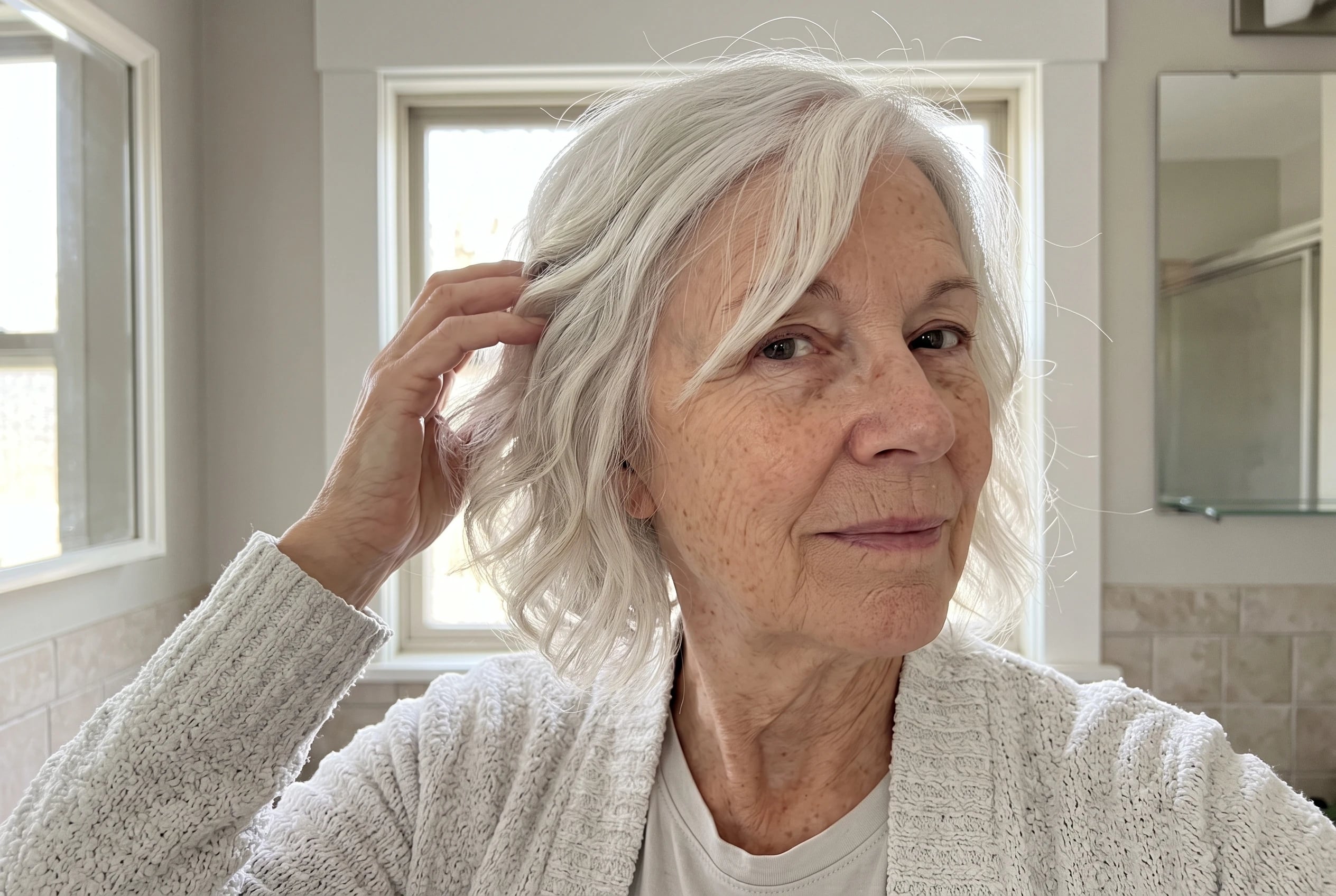 A layered bob with natural waves shows its white bends on a woman in her seventies beside a bathroom window.