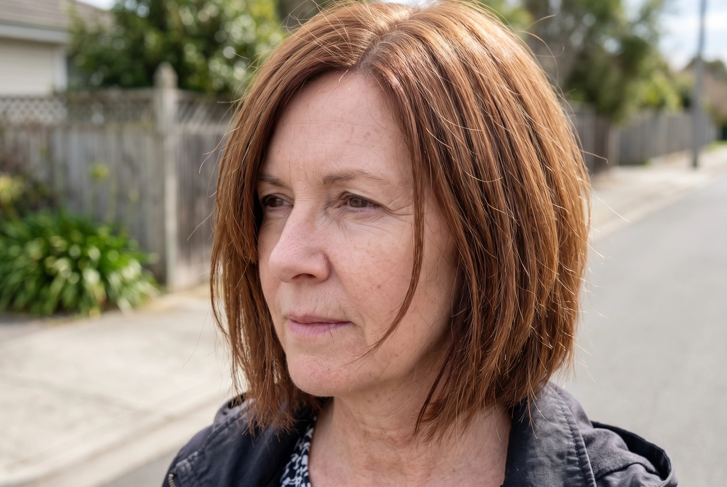 A textured bob with a low part frames a woman in her fifties as she crosses a quiet street.