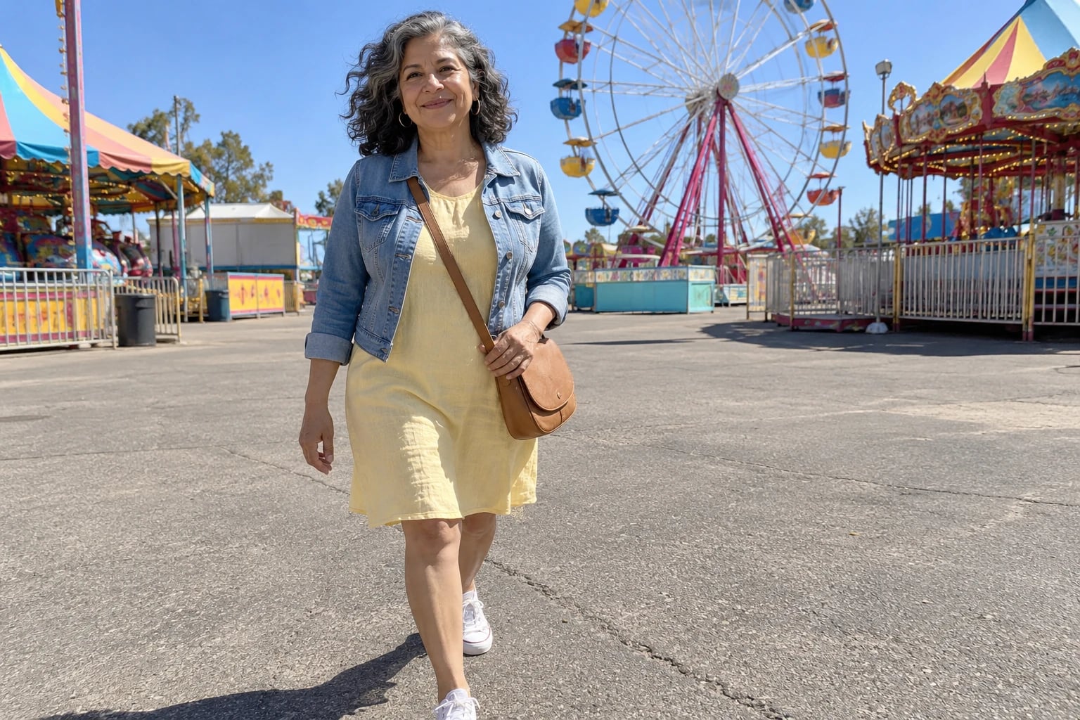 A smiling woman with wavy gray hair walks a fairground in a yellow linen dress and denim jacket near a Ferris wheel.