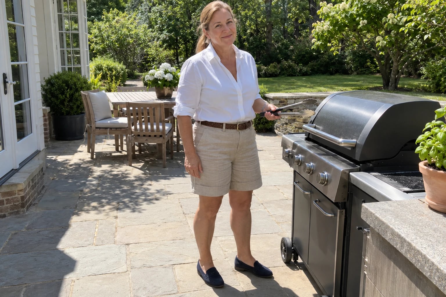 A woman in her fifties holds grill tongs on a patio, wearing stone linen shorts, a white shirt and navy loafers.