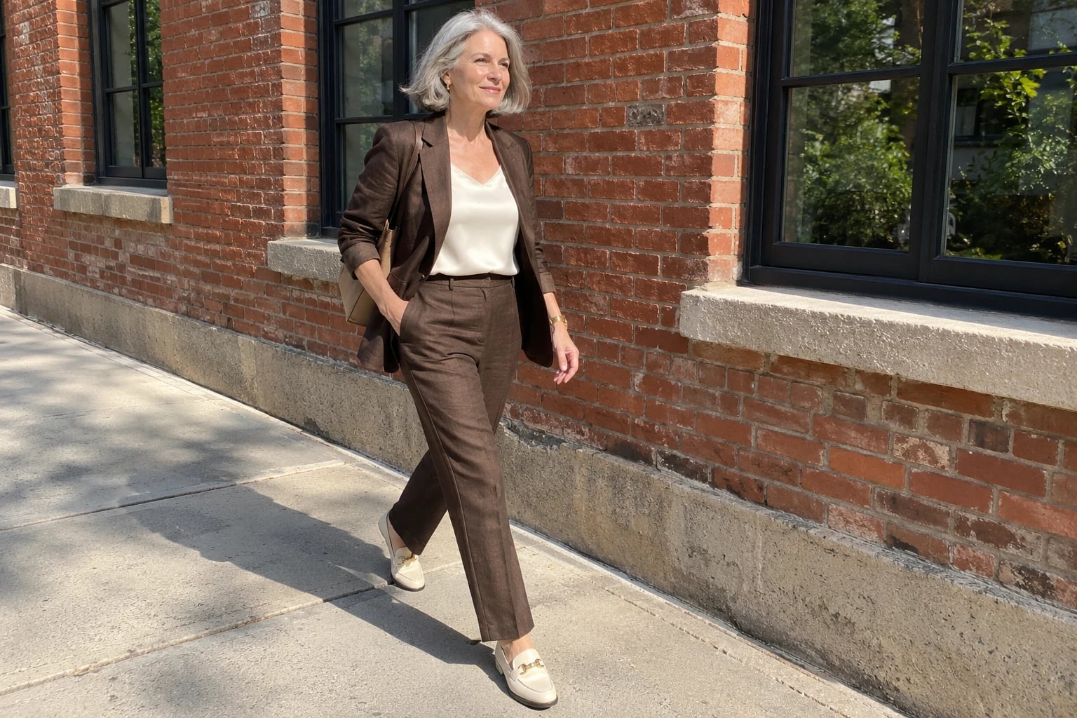 A gray-haired woman in her fifties walks past a red brick building in a chocolate brown linen suit with cream loafers.