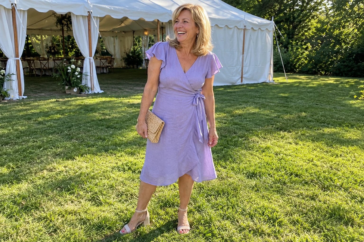A woman in her fifties laughs on a lawn, wearing a lavender wrap dress and holding a straw clutch.