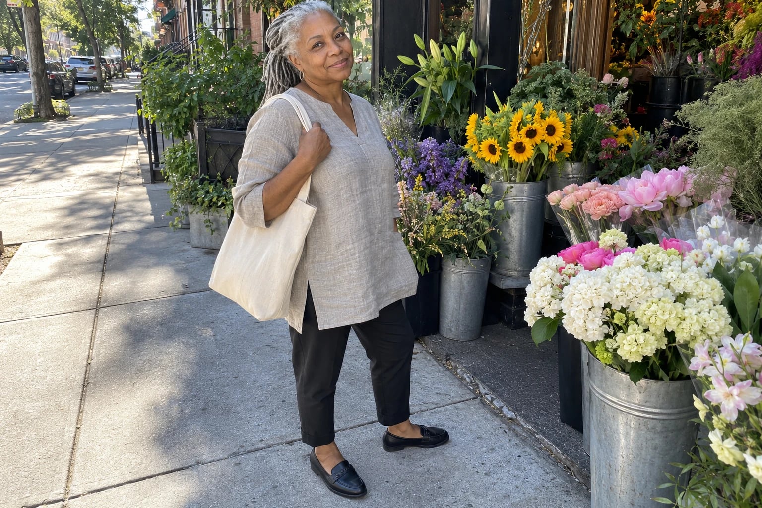 A woman in her sixties with gray locs stands beside flower buckets wearing a beige linen tunic and black trousers.