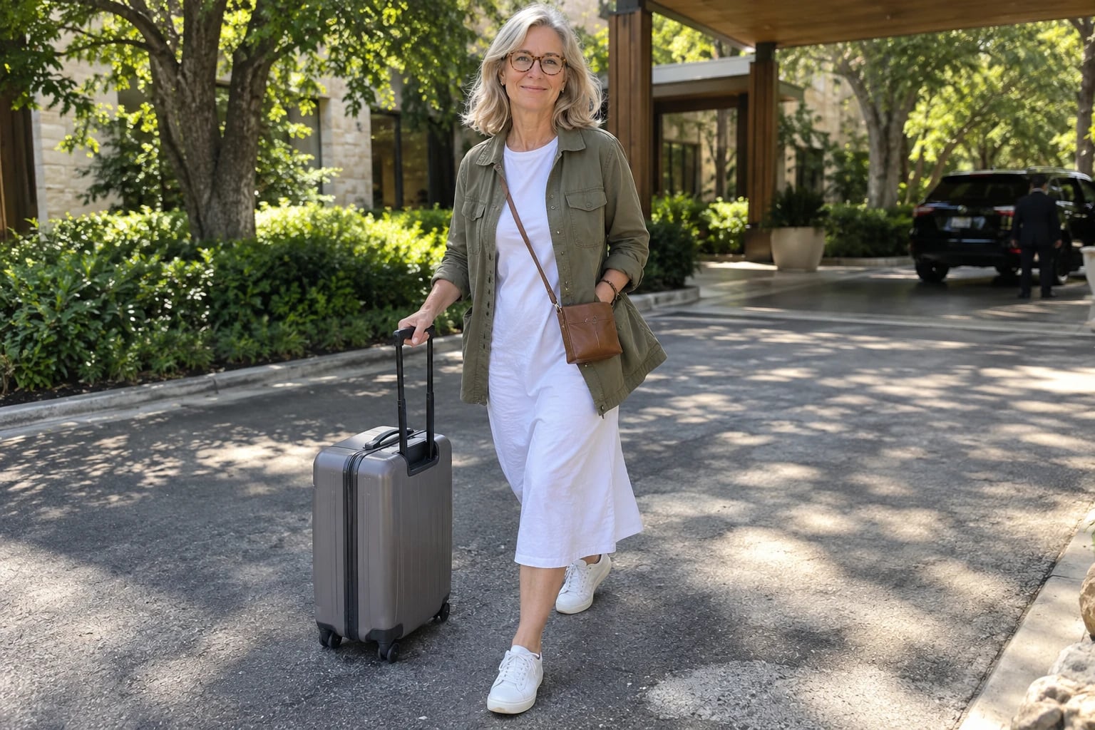 A woman in her sixties wheels a carry-on case along a tree-lined hotel driveway, wearing an olive linen jacket over a white T-shirt dress.