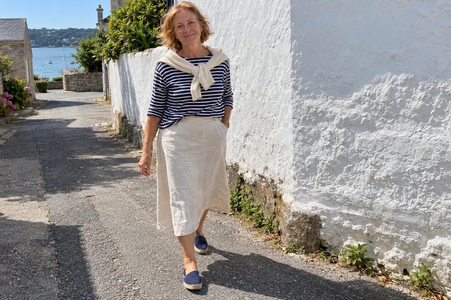 A woman in her fifties walks a seaside lane in an ivory linen skirt, striped Breton tee, and navy espadrilles.