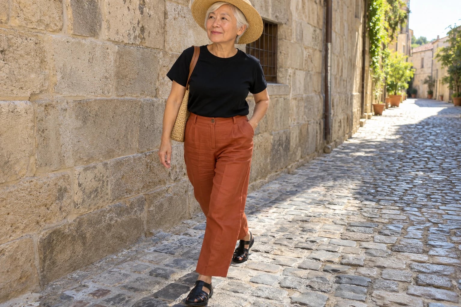 A woman in her sixties walks a cobblestone street in terracotta linen trousers, black tee, and straw hat.
