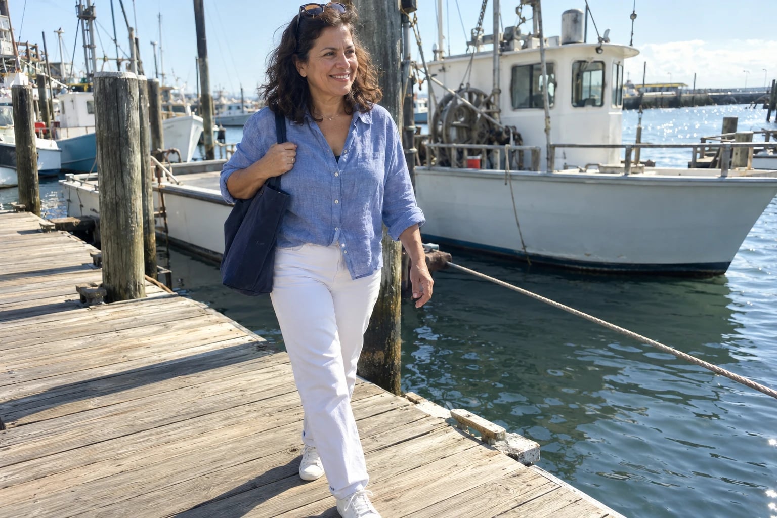 A woman in her fifties walks a wooden harbor dock in a blue linen camp shirt and white jeans.