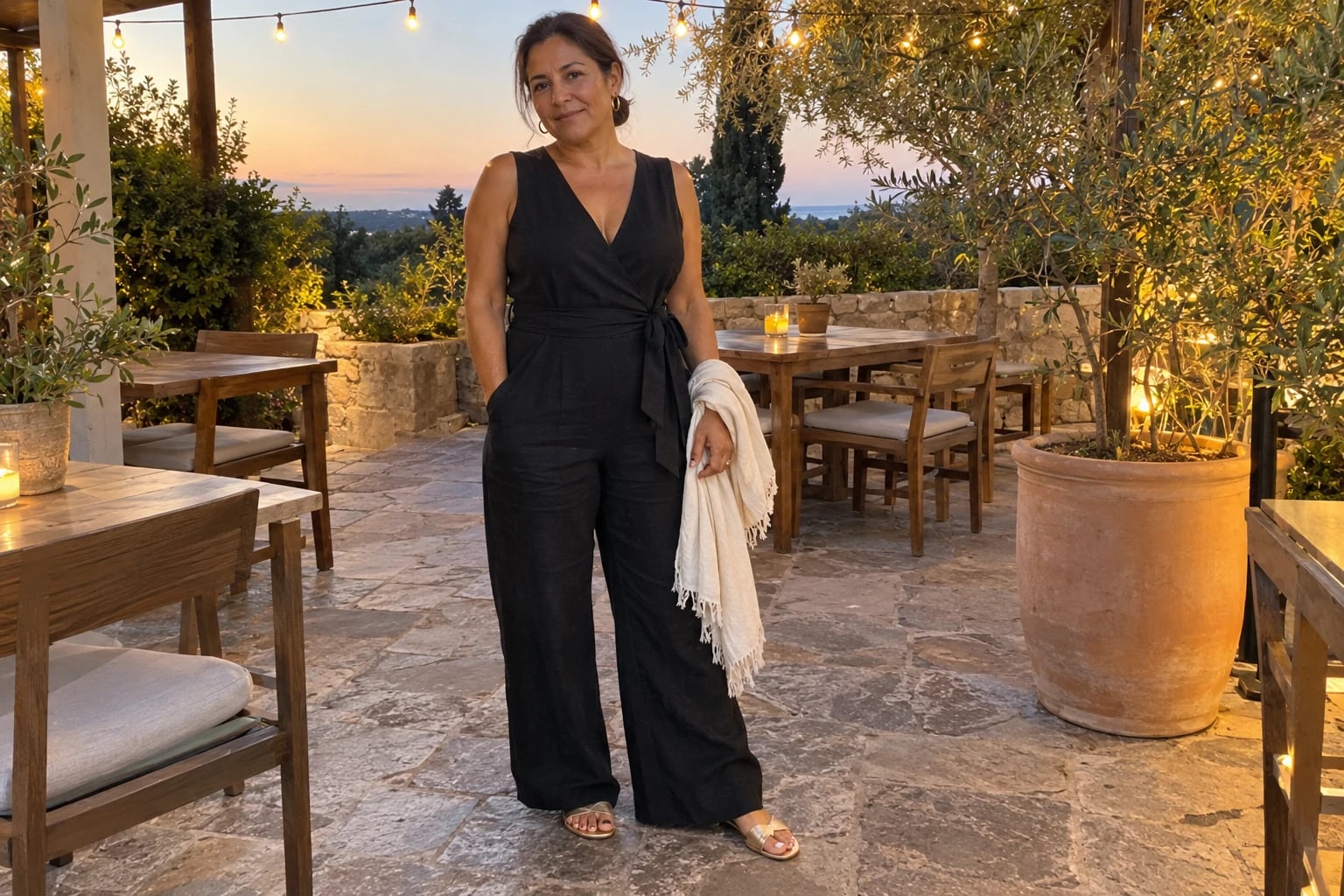 A woman in her late fifties stands smiling on a restaurant patio in a black linen wrap jumpsuit and gold sandals.