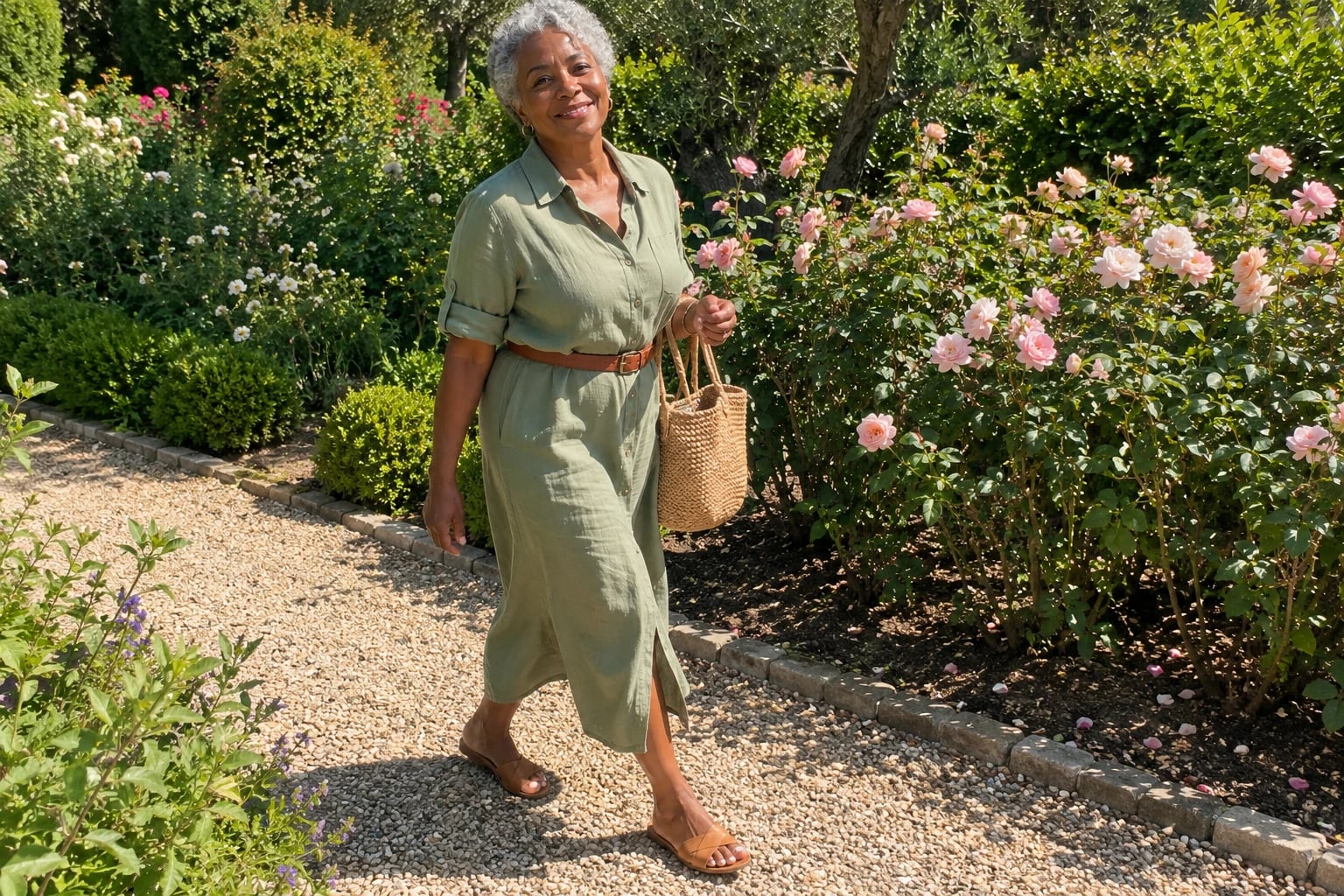 A woman with gray curls walks a gravel rose garden path in a sage linen shirtdress and cognac belt.