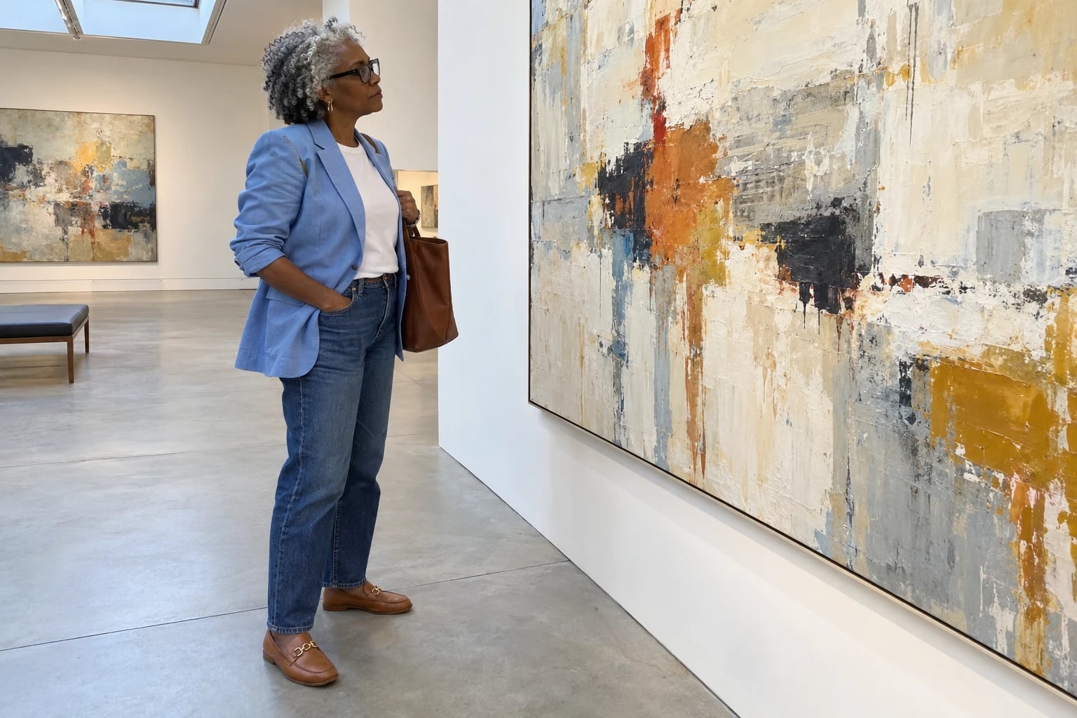A woman with curly gray hair and glasses studies an abstract painting in a sky blue linen blazer and jeans.