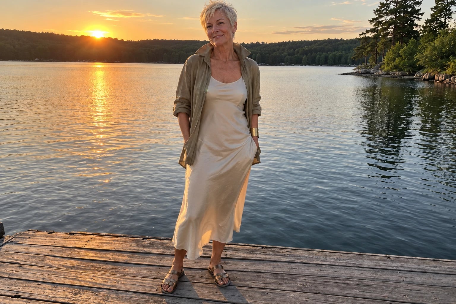 A woman in her late fifties stands on a lake dock in a khaki linen overshirt over a cream slip dress with bronze sandals.